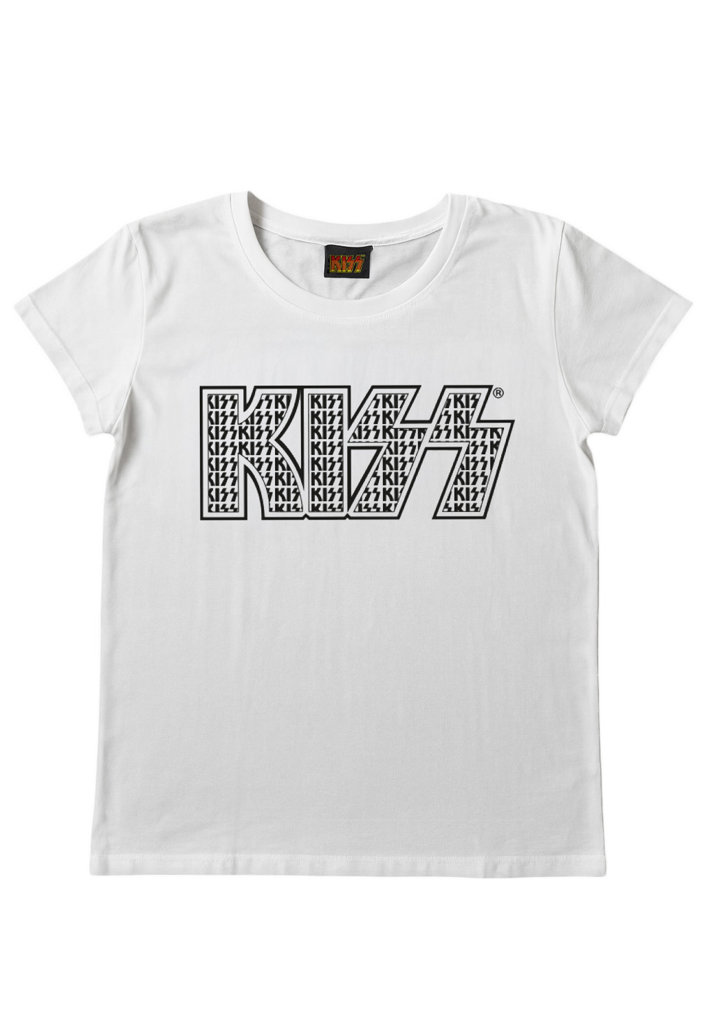 Weißes T-Shirt mit schwarzem KISS-Logo, das aus kleineren KISS-Schriftzügen besteht.