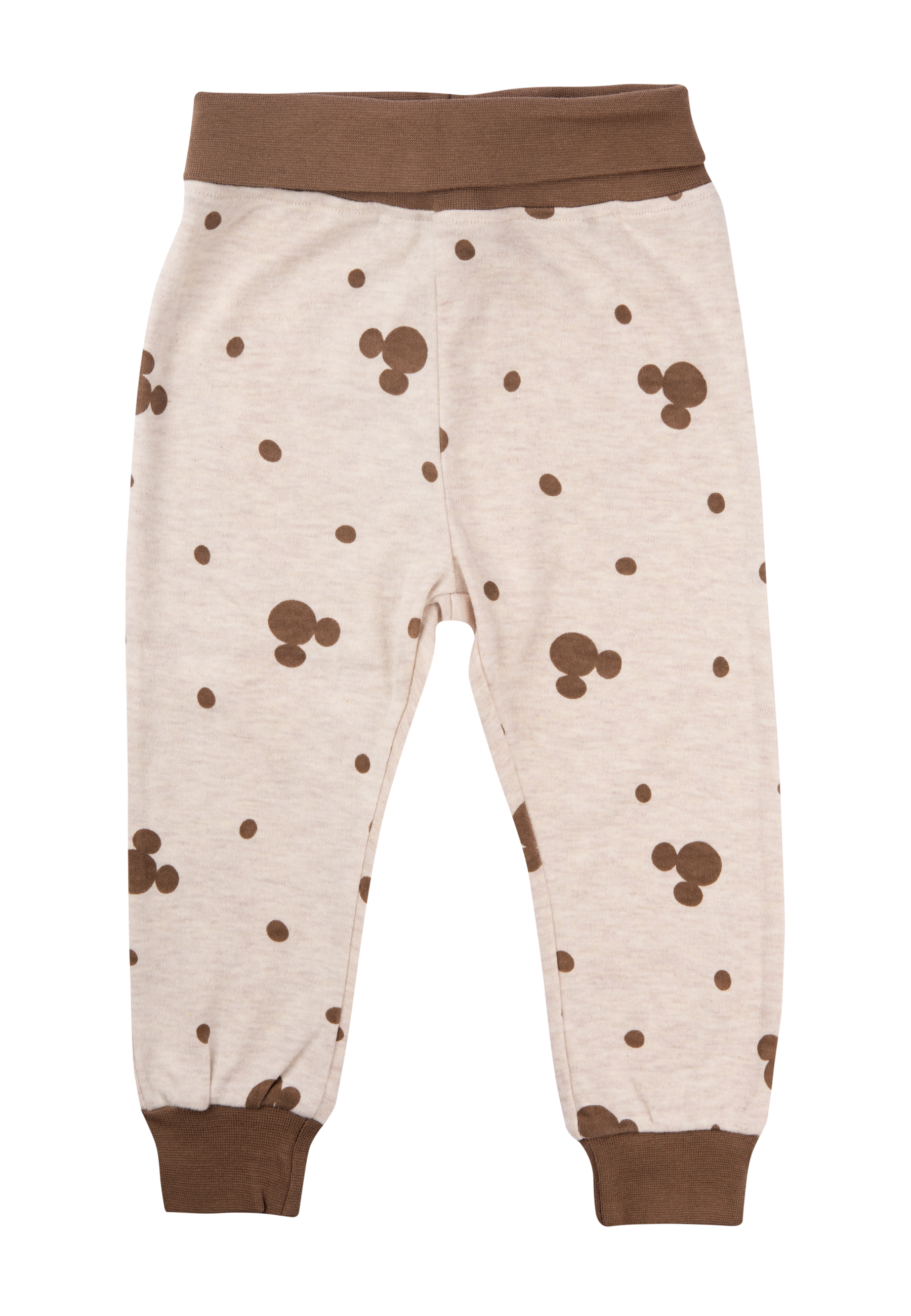 Beige Hose mit braunen Mickey-Maus-Motiven und braunem Bund/Bündchen.