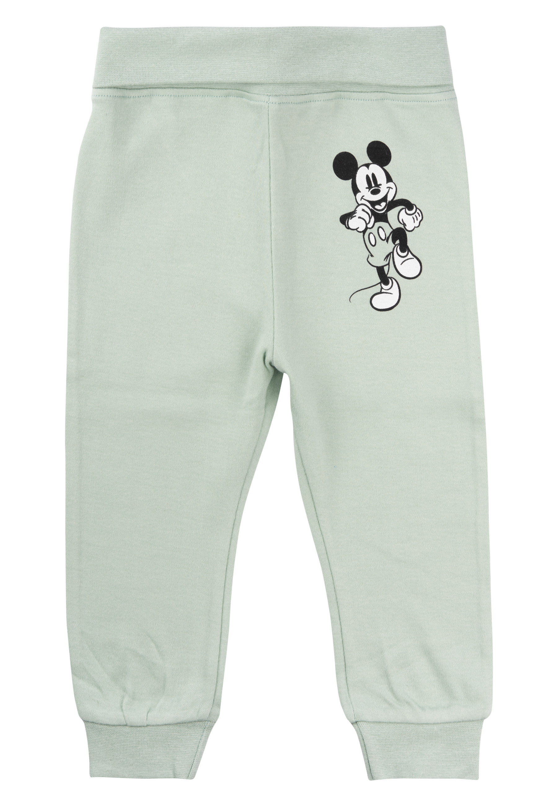 Hellgrüne Kinderhose mit Mickey Maus Aufdruck.