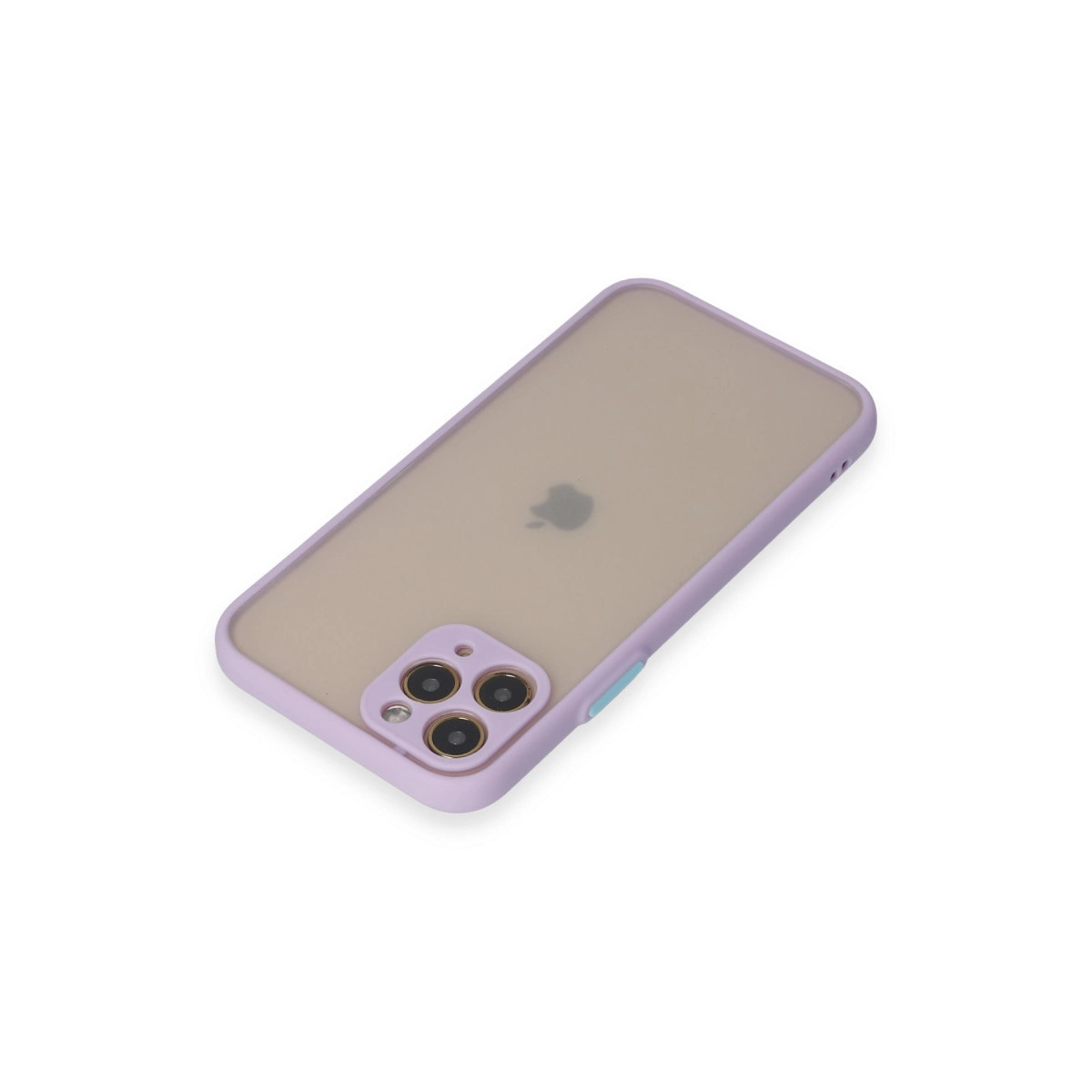 Mor iPhone kılıf, yarı saydam arka ve üç kamera.