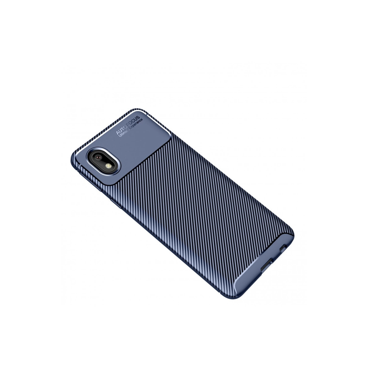 Karbon fiber desenli, kamera oyuklu lacivert telefon kılıfı.