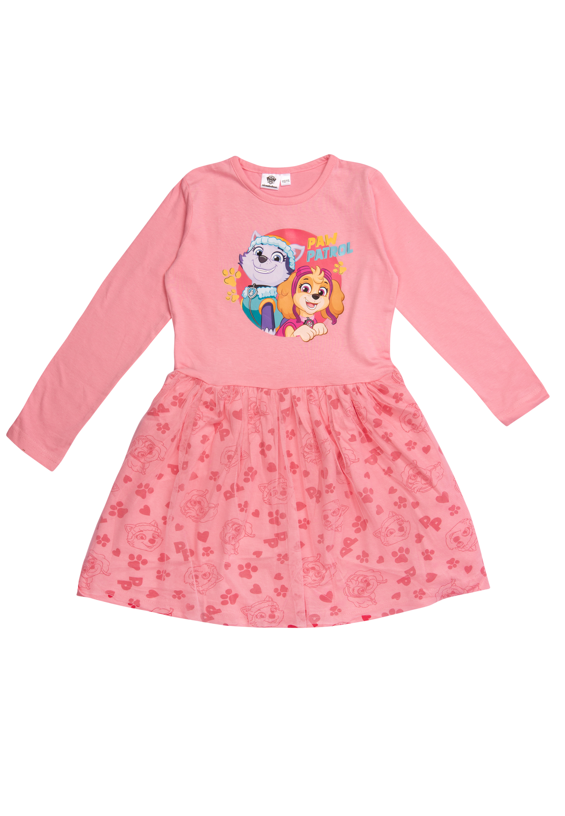 Ein rosa Kleid mit langen Ärmeln, das Charaktere von Paw Patrol zeigt.