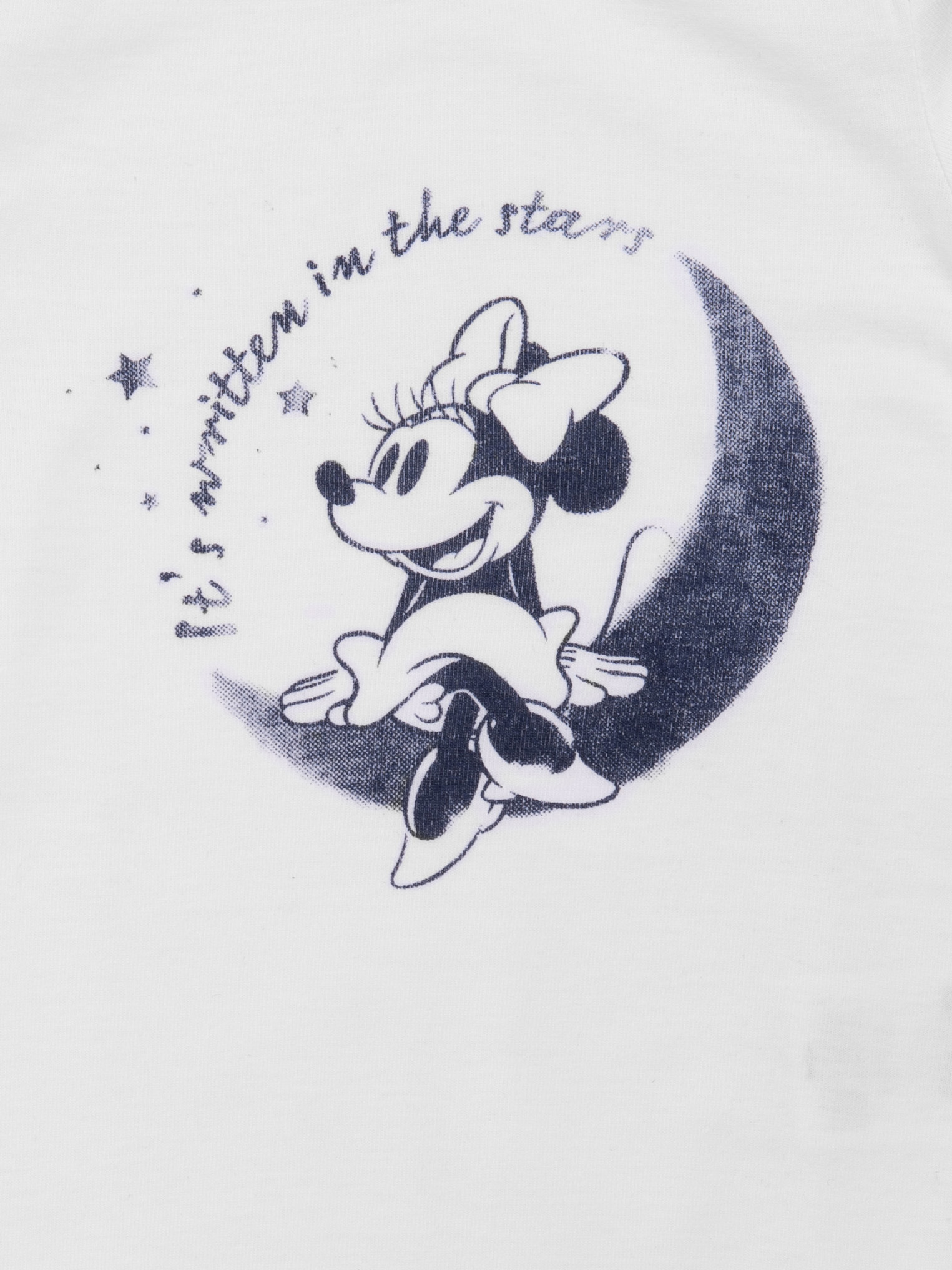 Minnie Maus sitzt auf dem Mond, Sterne und Text.