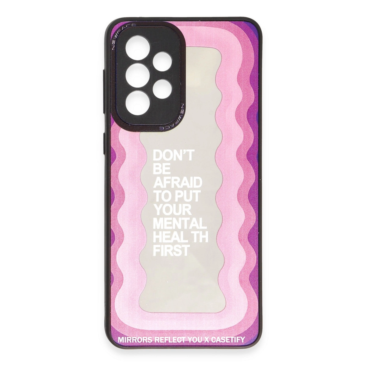 Pembe dalgalı tasarımlı ve ruh sağlığı sözlü siyah telefon kılıfı.