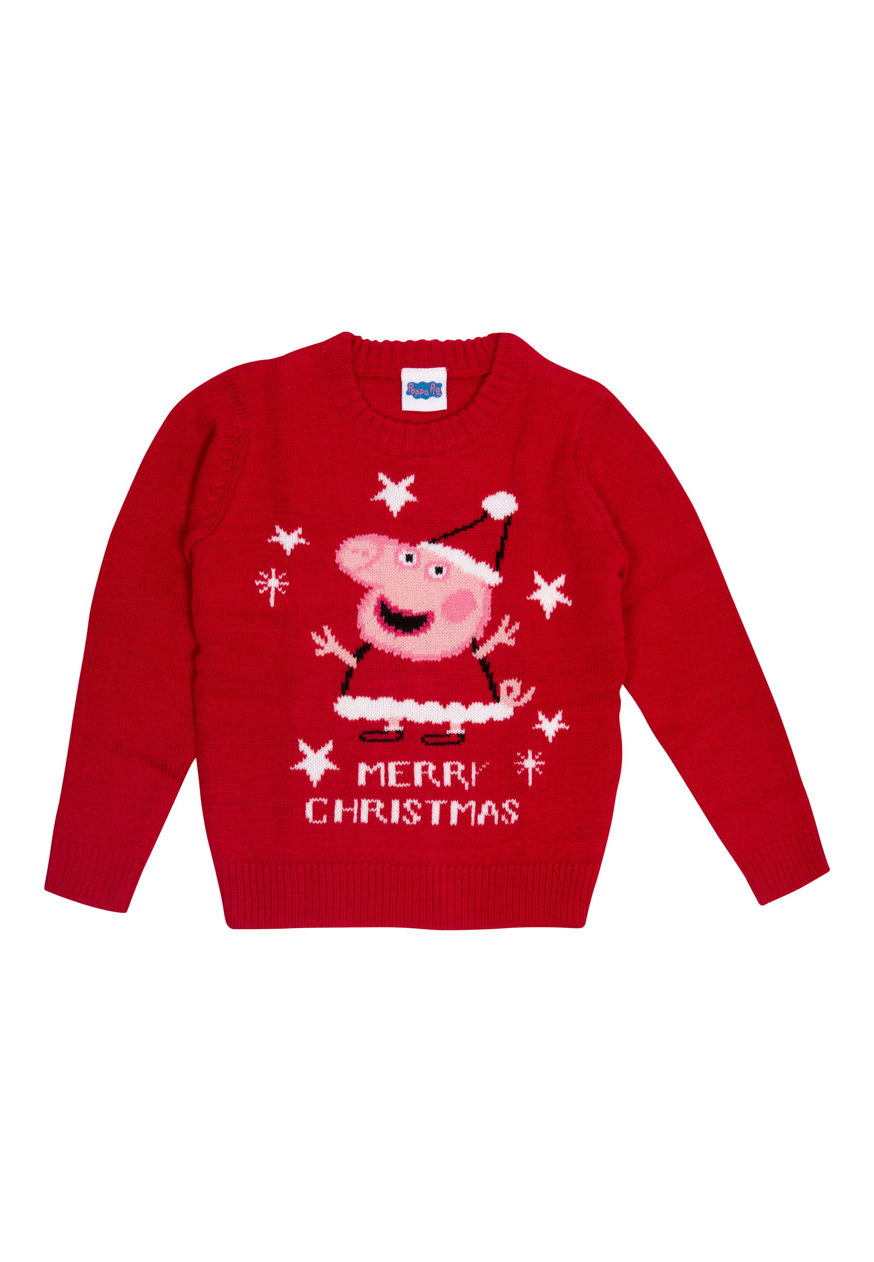 Ein roter Kinderpullover mit Peppa Wutz im Weihnachtsmannkostüm und Sternen.
