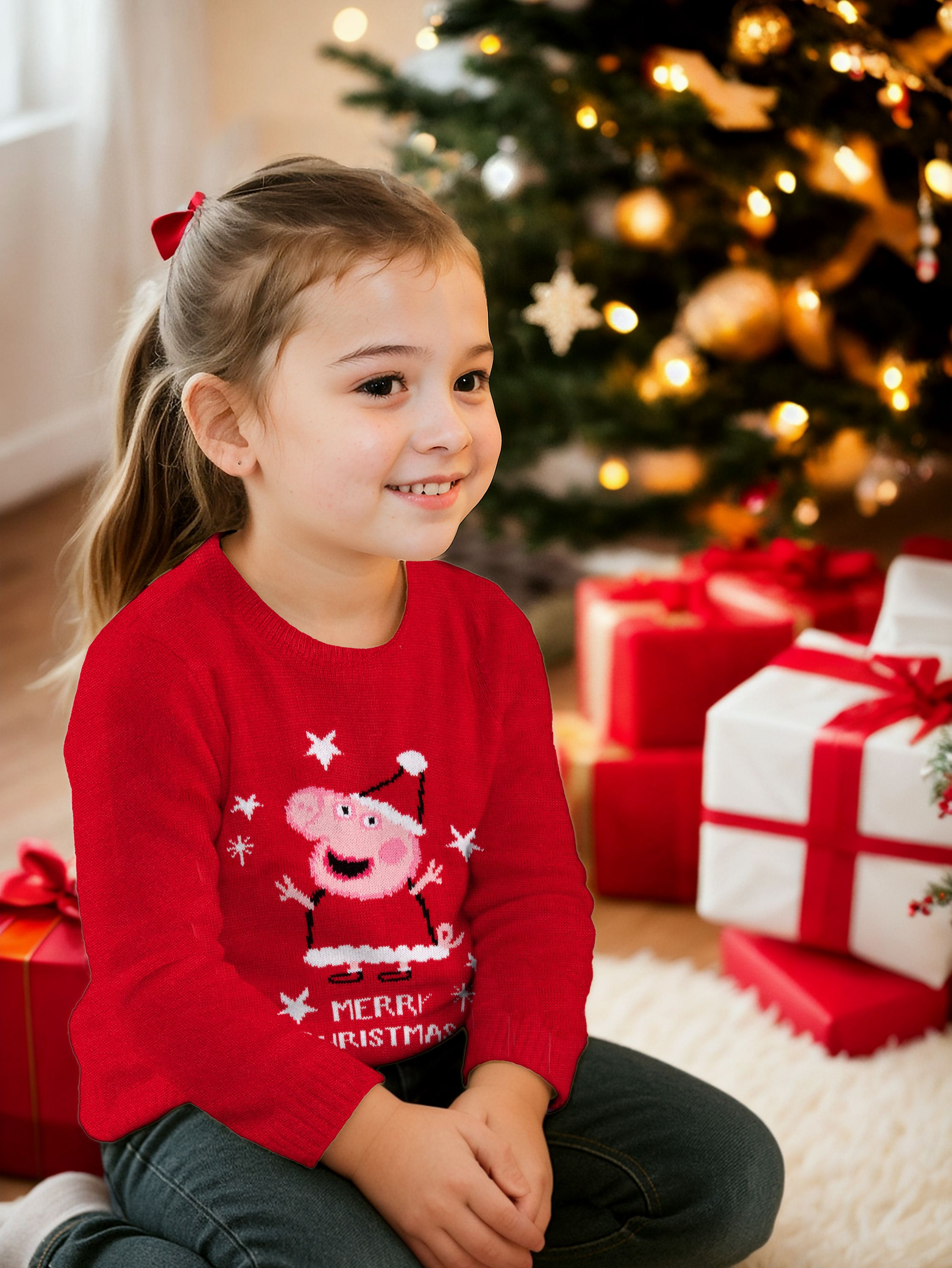 Ein Mädchen in einem roten Pullover sitzt vor einem Weihnachtsbaum und Geschenken.