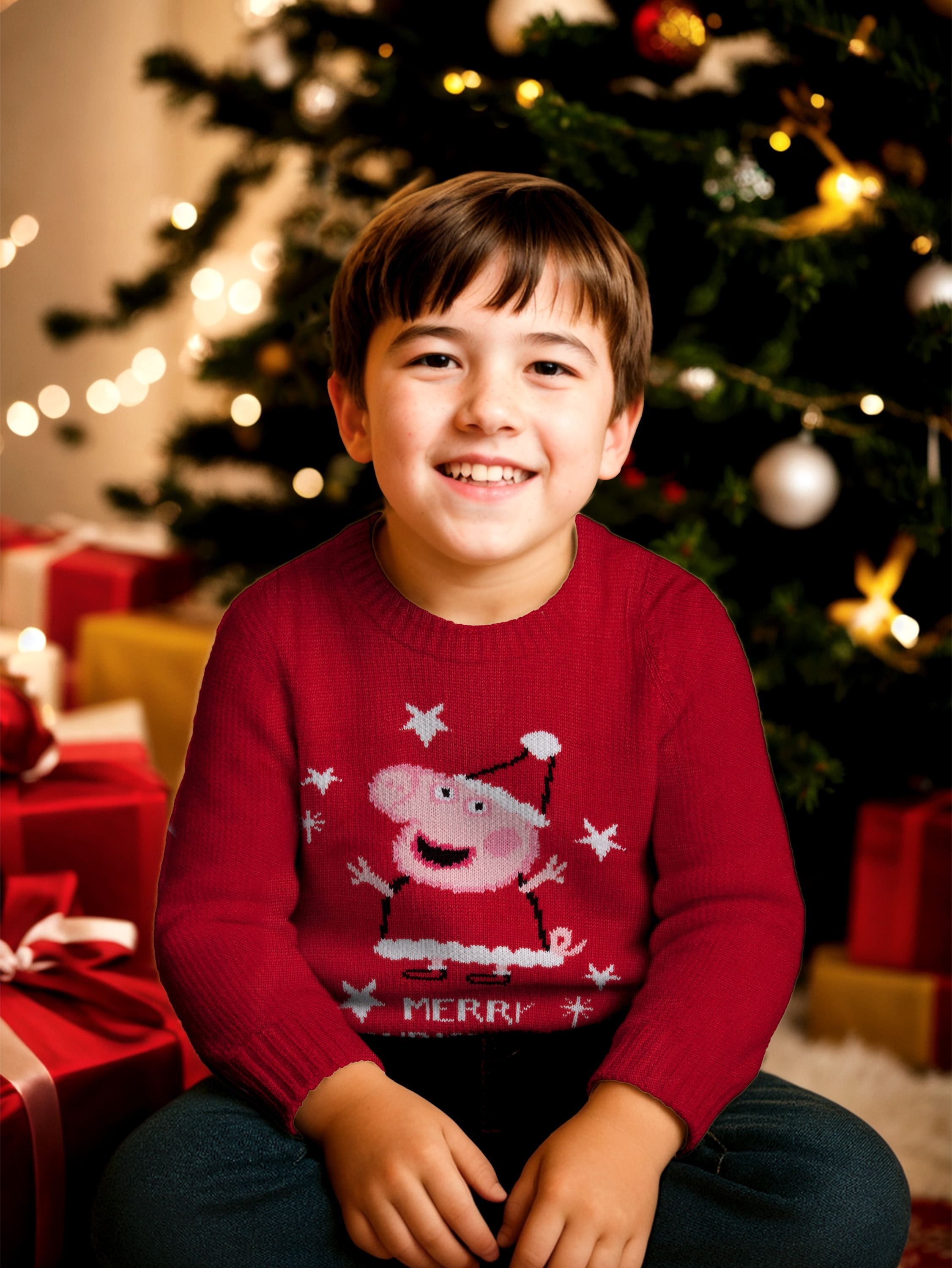 Ein Junge in einem roten Pullover mit Peppa Wutz sitzt vor einem Weihnachtsbaum und Geschenken.
