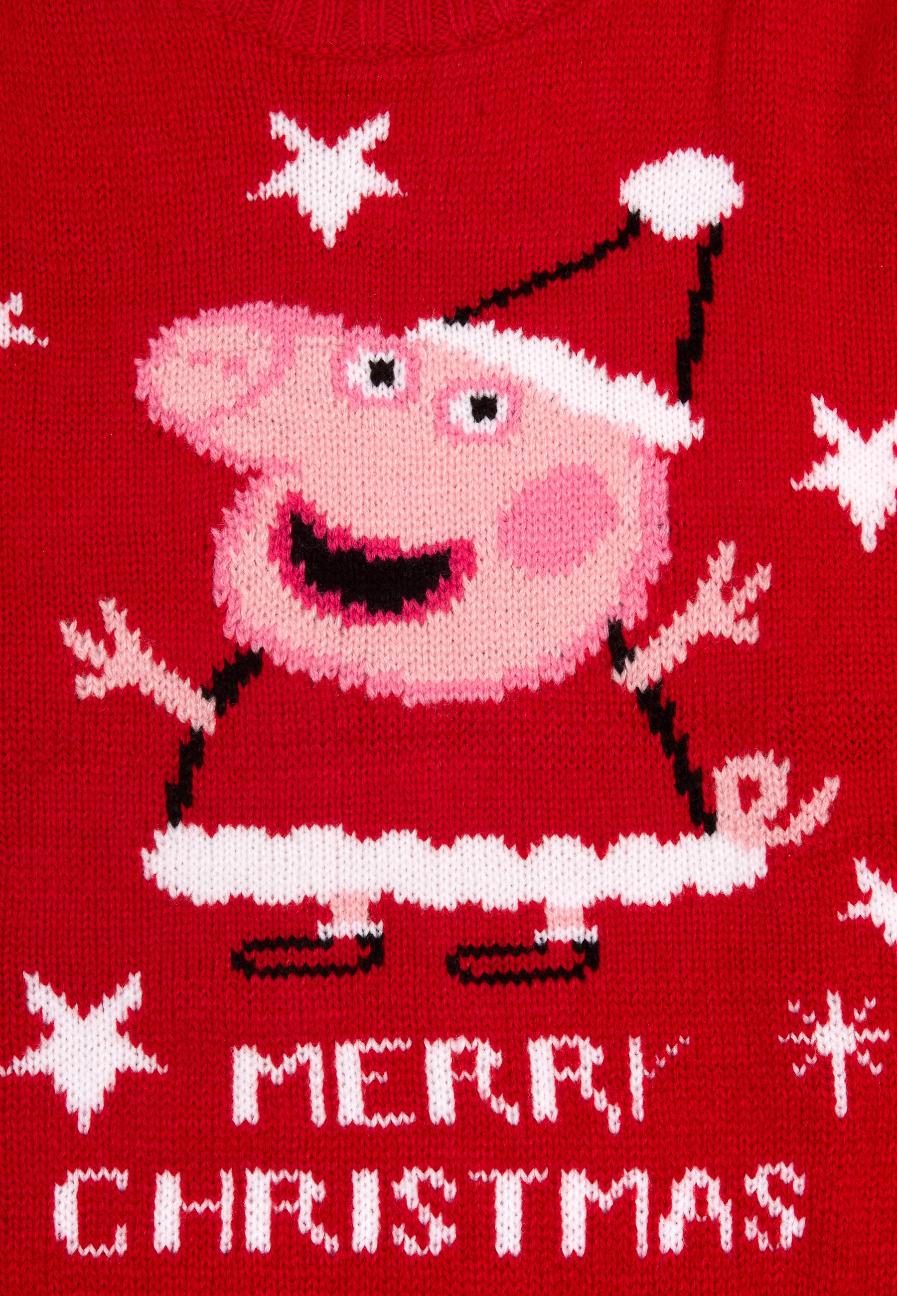 Ein roter Pullover mit Peppa Wutz als Weihnachtsmann und Sternen.