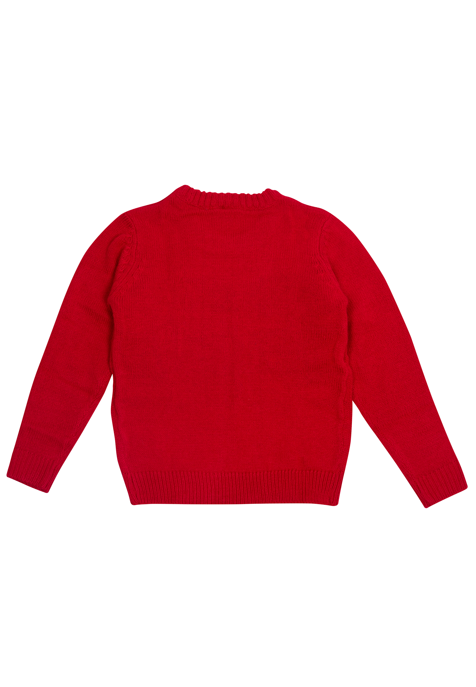 Ein roter Strickpullover mit Rundhalsausschnitt und langen Ärmeln.