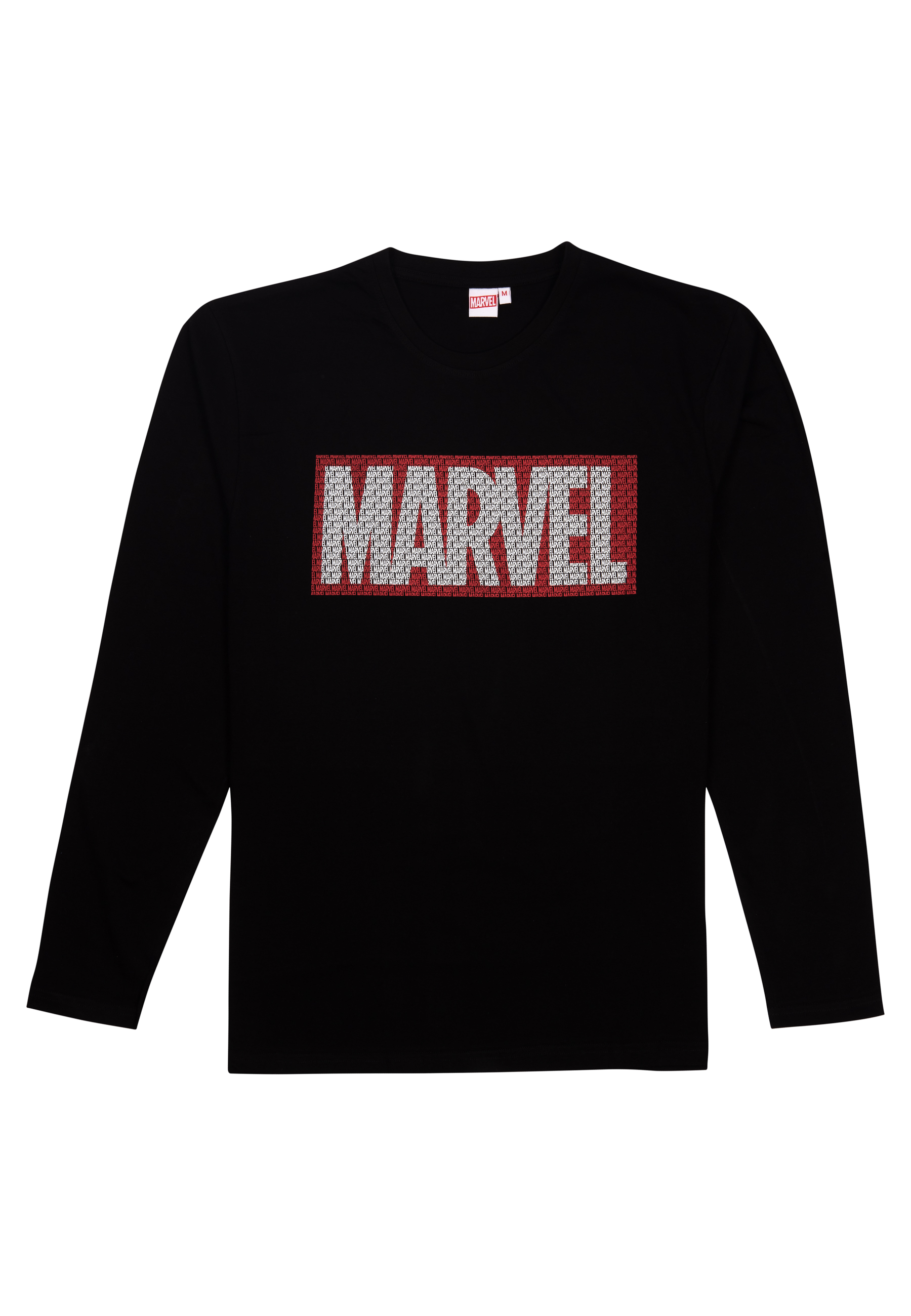 Schwarzes Langarmshirt mit weißem Marvel-Logo aus vielen kleinen Marvel-Schriftzügen.
