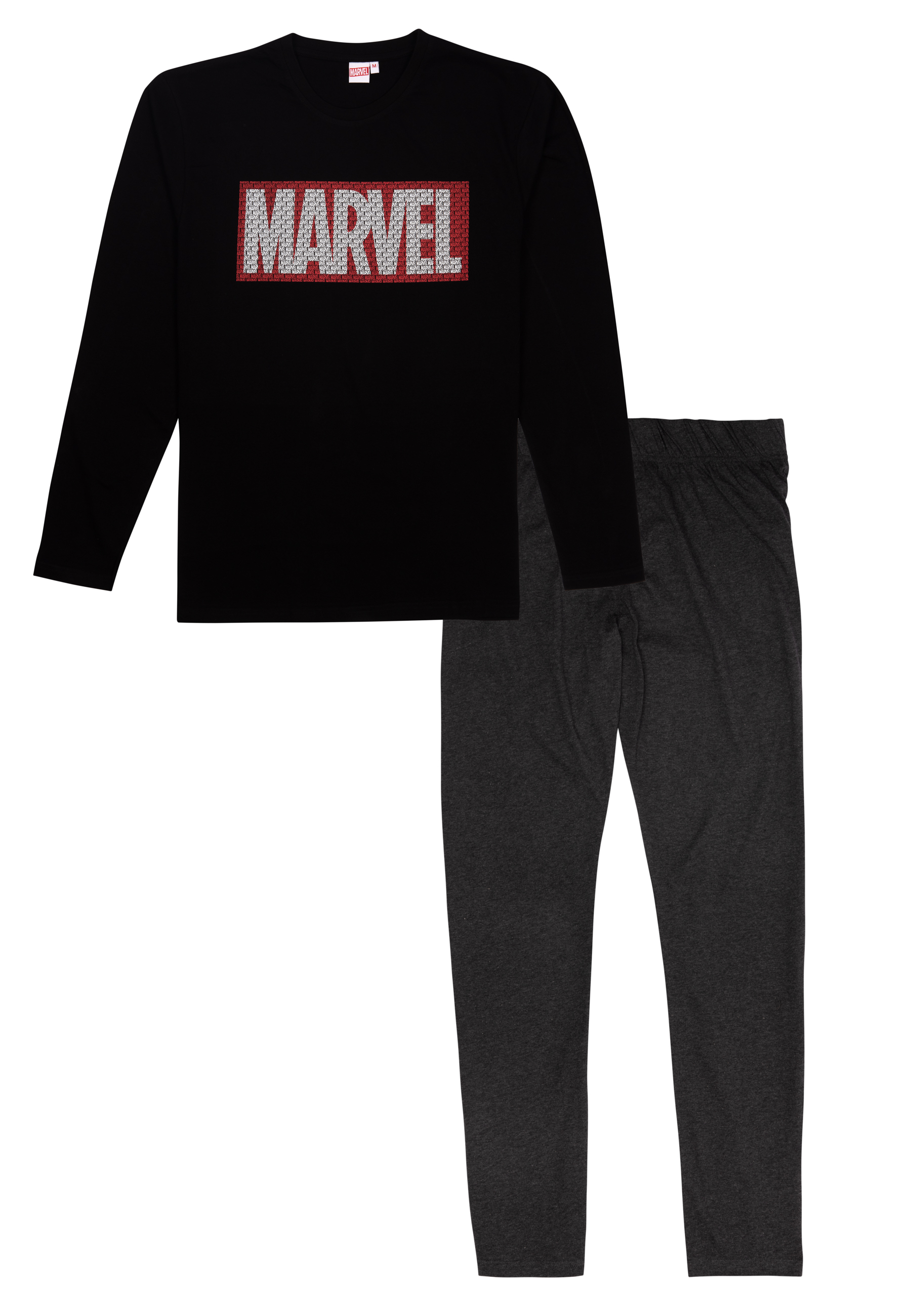 Schwarzer Marvel-Pullover mit rotem Logo und anthrazitfarbener Hose.