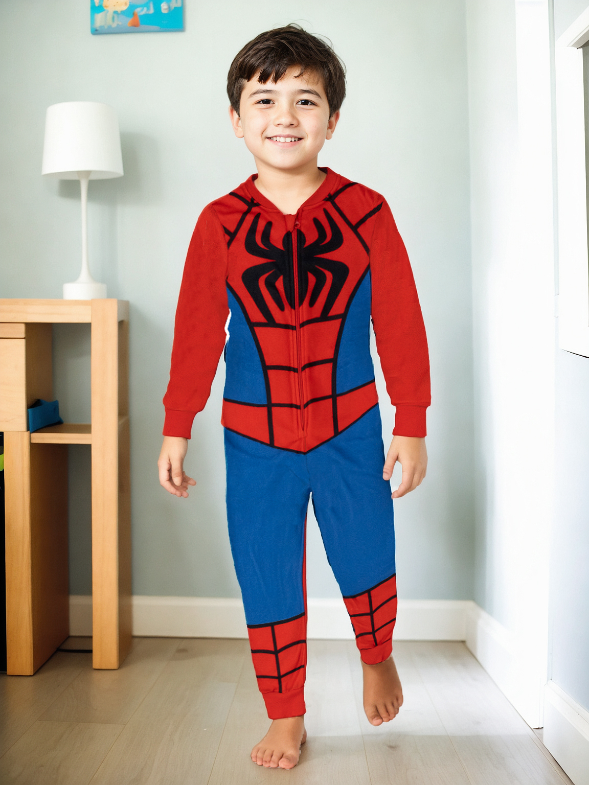 Ein Junge in einem Spiderman-Pyjama steht lächelnd im Zimmer.