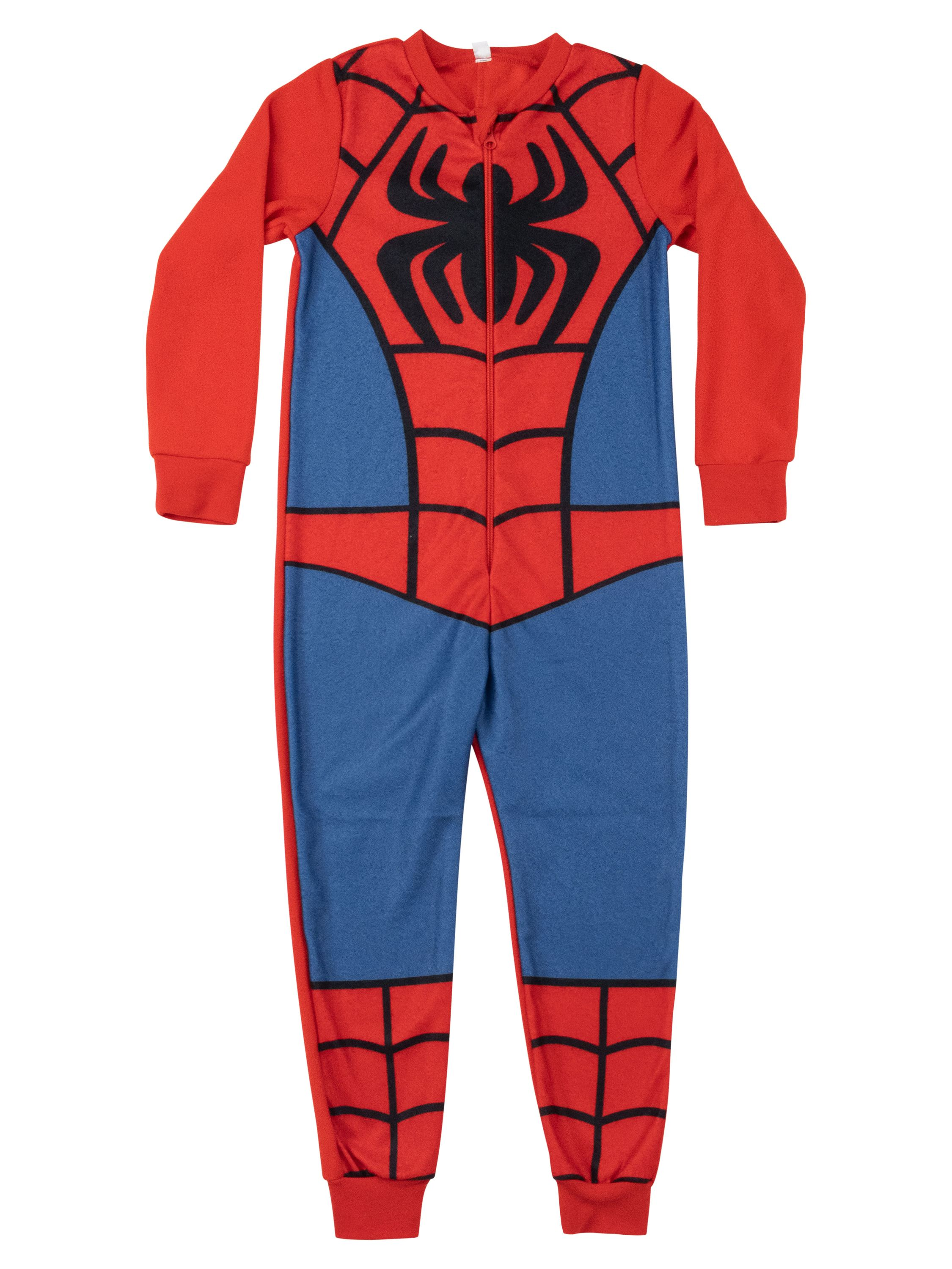 Ein roter und blauer Spiderman-Schlafanzug mit schwarzem Spinnenmuster und Reißverschluss.