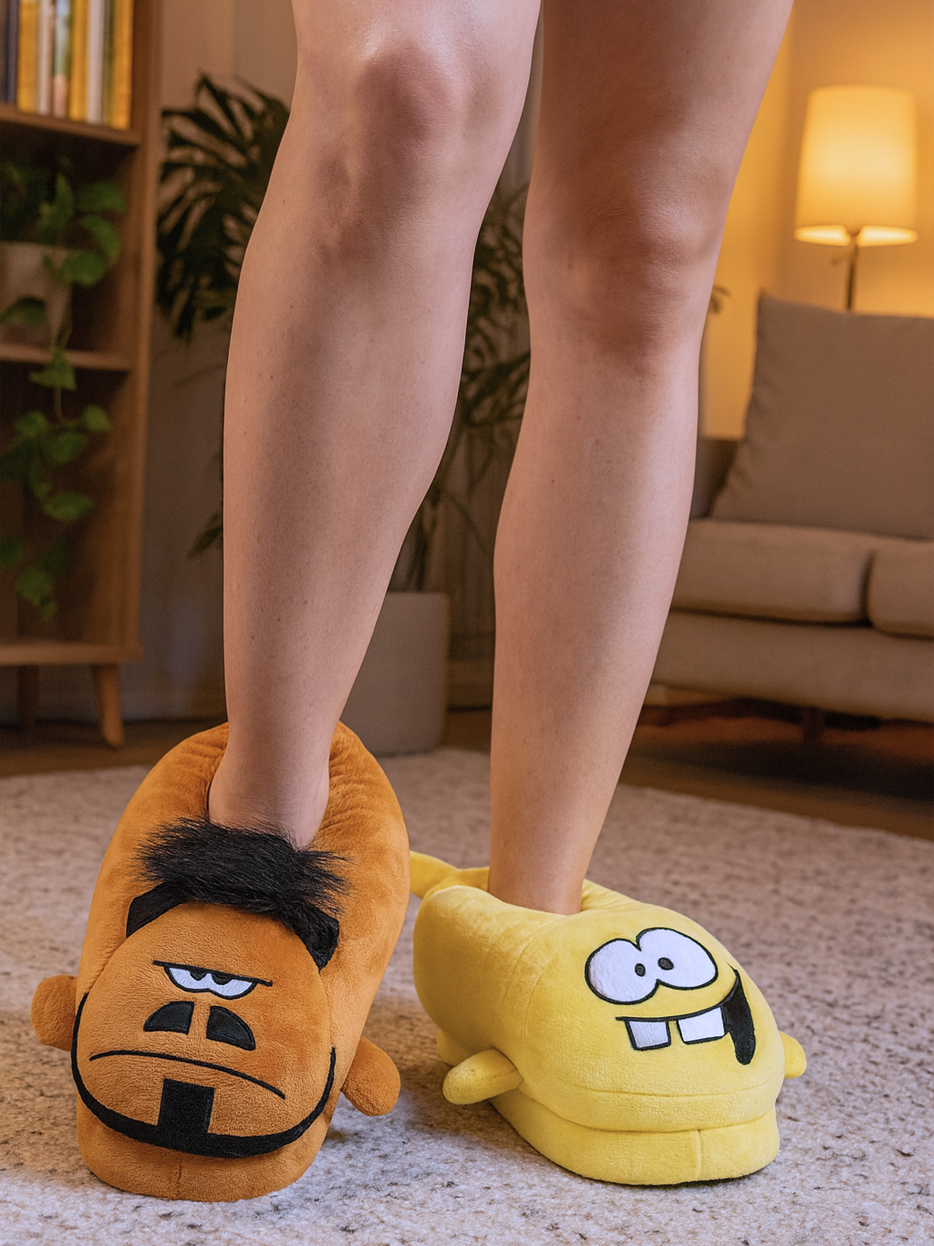Füße in orangefarbenen und gelben Spongebob-Hausschuhen auf einem Teppich.