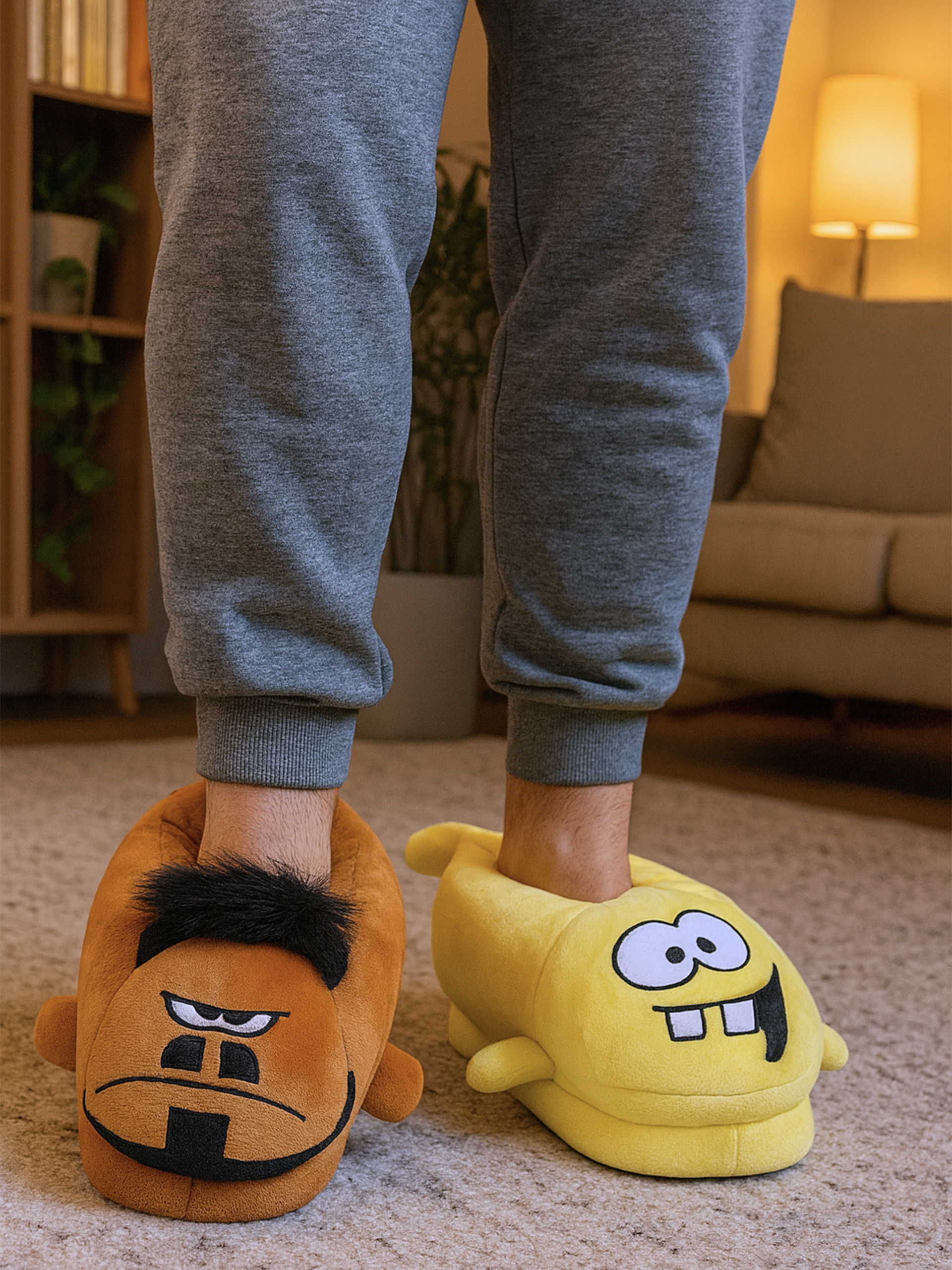 Braune und gelbe Plüschpantoffeln mit Cartoon-Gesichtern auf einem Teppich.