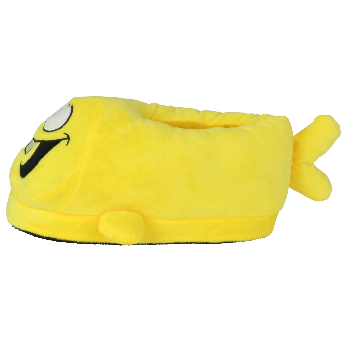 Ein gelber Fisch-Hausschuh mit aufgenähtem Gesicht und Schwanz.