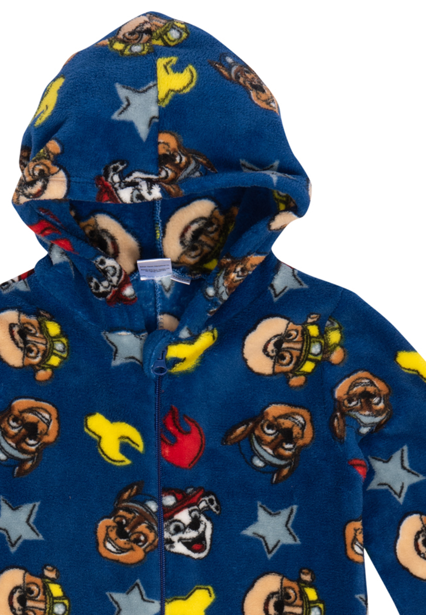 Blauer Fleece-Schlafanzug mit Paw Patrol-Motiv, Sternen und Flammen.