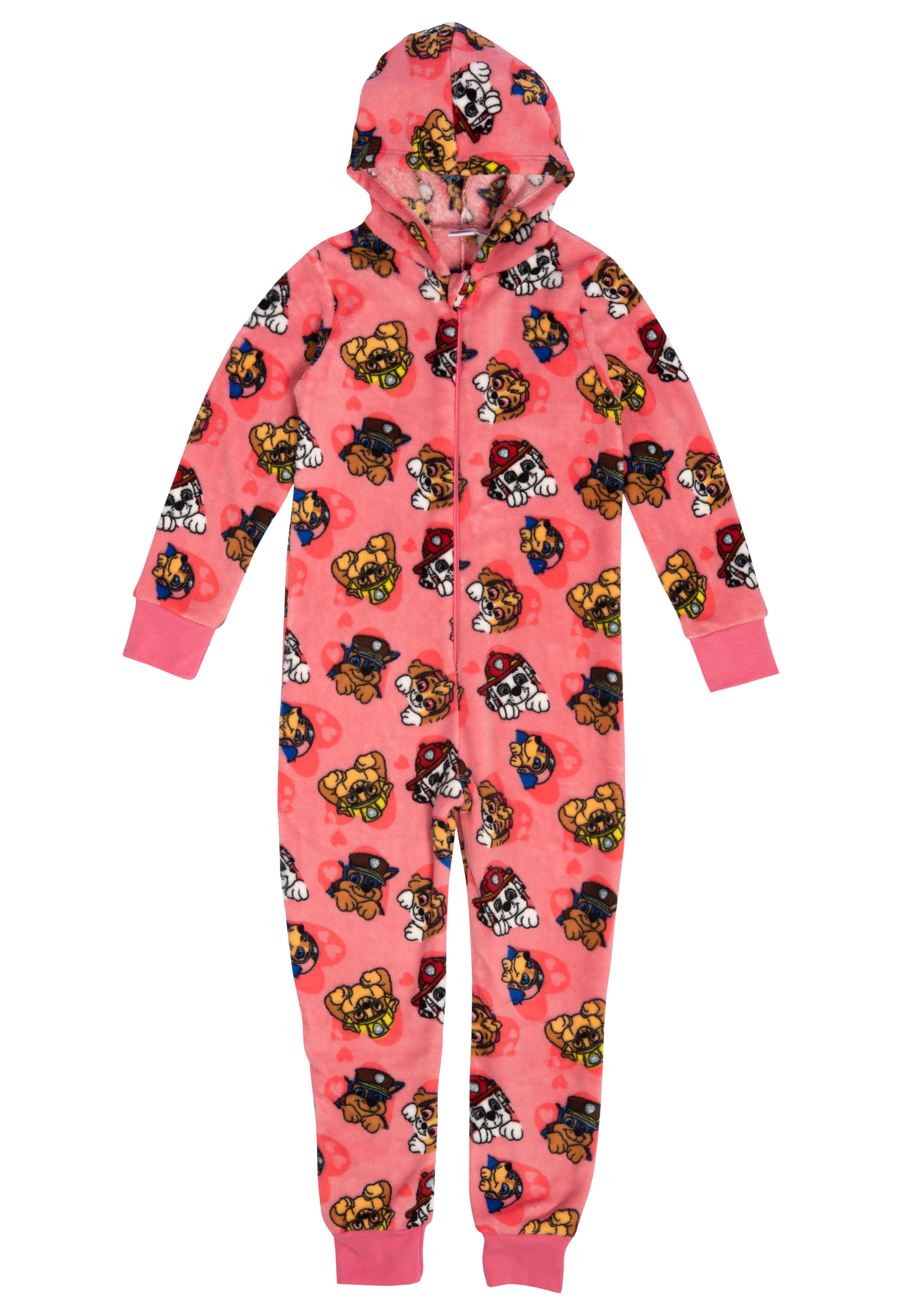 Ein rosafarbener Schlafanzug mit Kapuze mit Paw Patrol-Aufdruck.