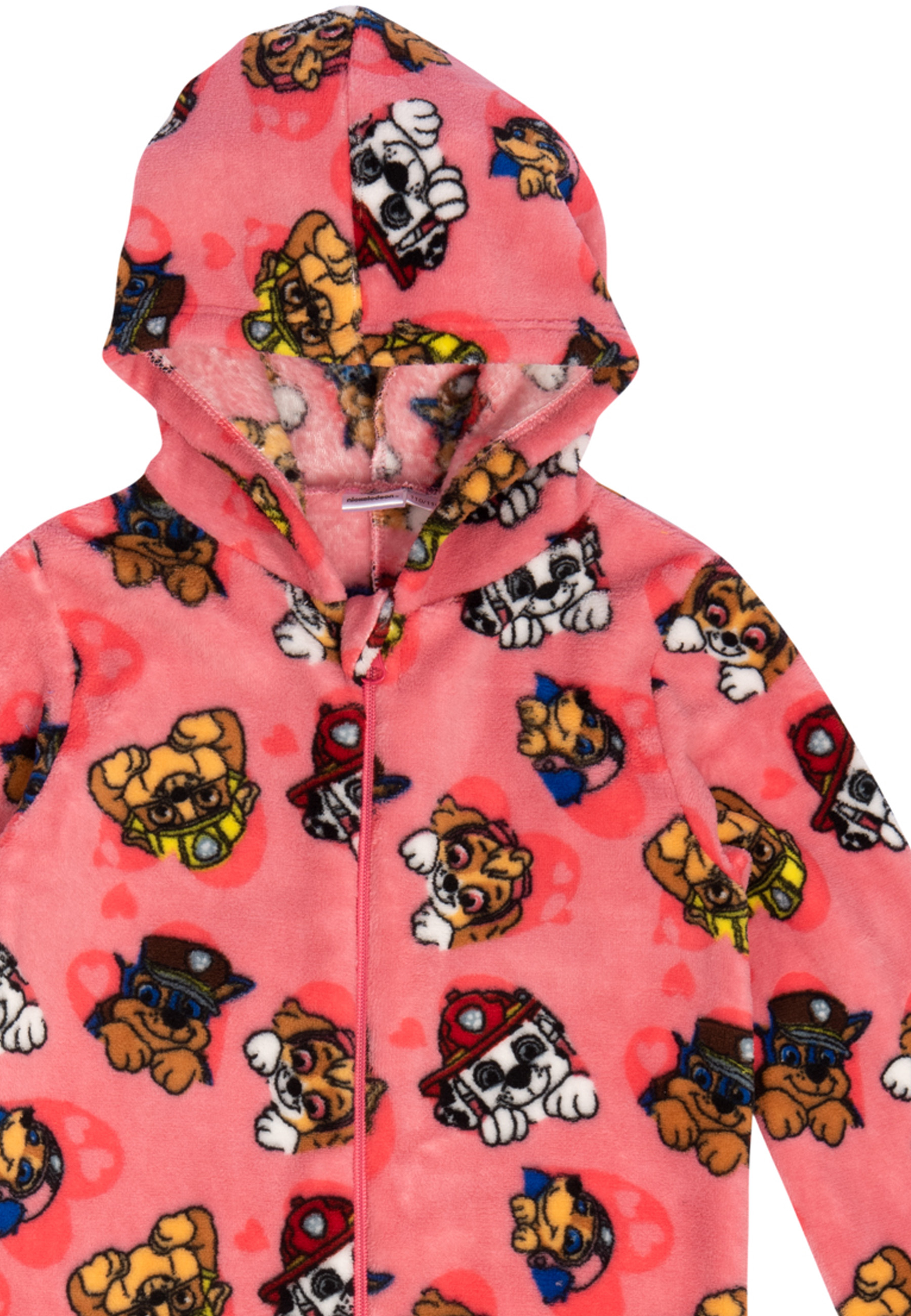 Ein rosafarbener Schlafanzug mit Paw Patrol-Aufdruck und Kapuze.
