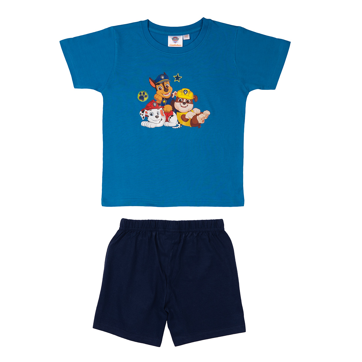 Blaues Paw Patrol Pyjama-Set mit Kurzarmshirt und Shorts. Vier Hunde auf dem Shirt.