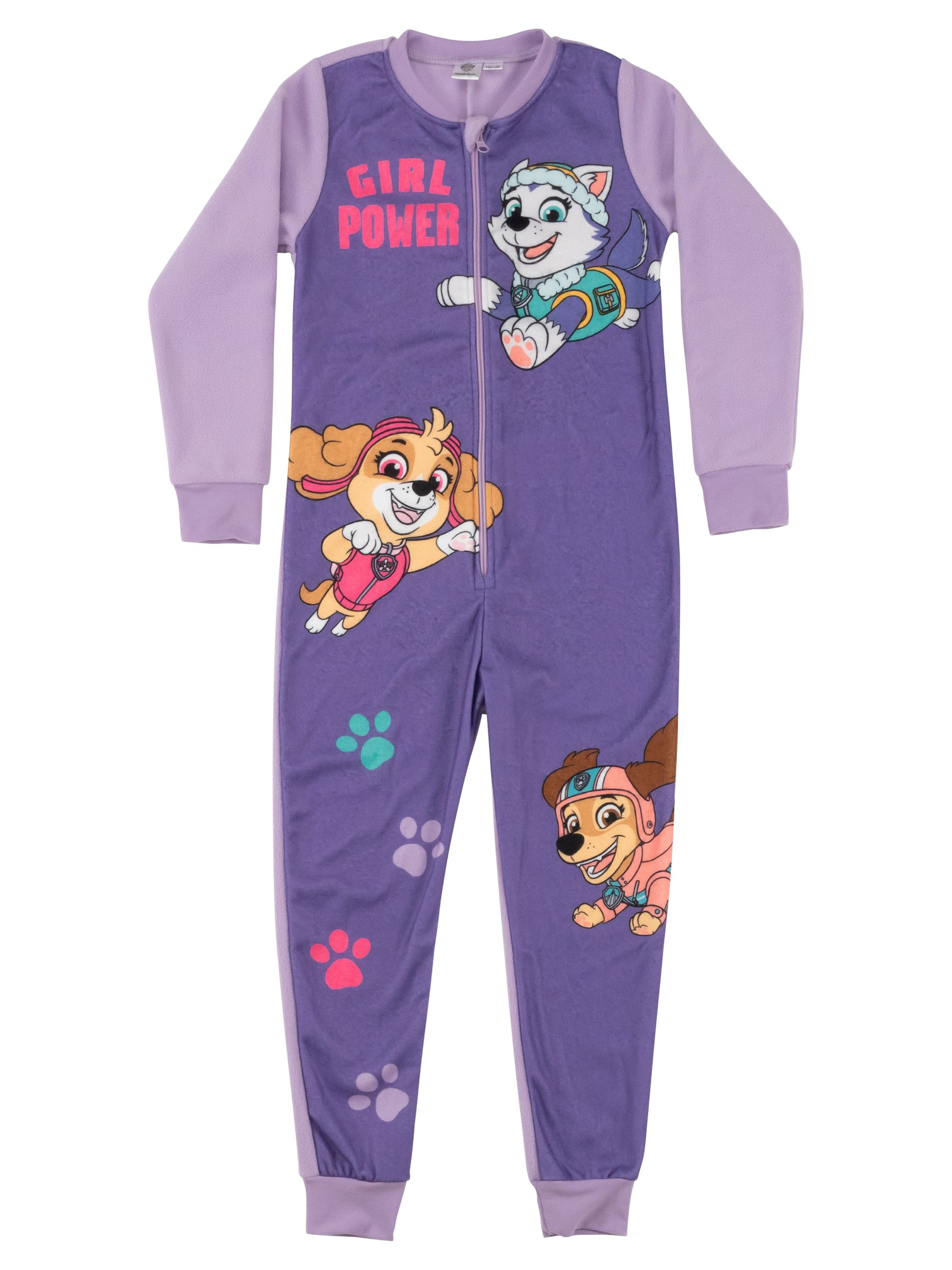 Lila Schlafanzug mit Paw Patrol-Motiven und „Girl Power“-Aufschrift.