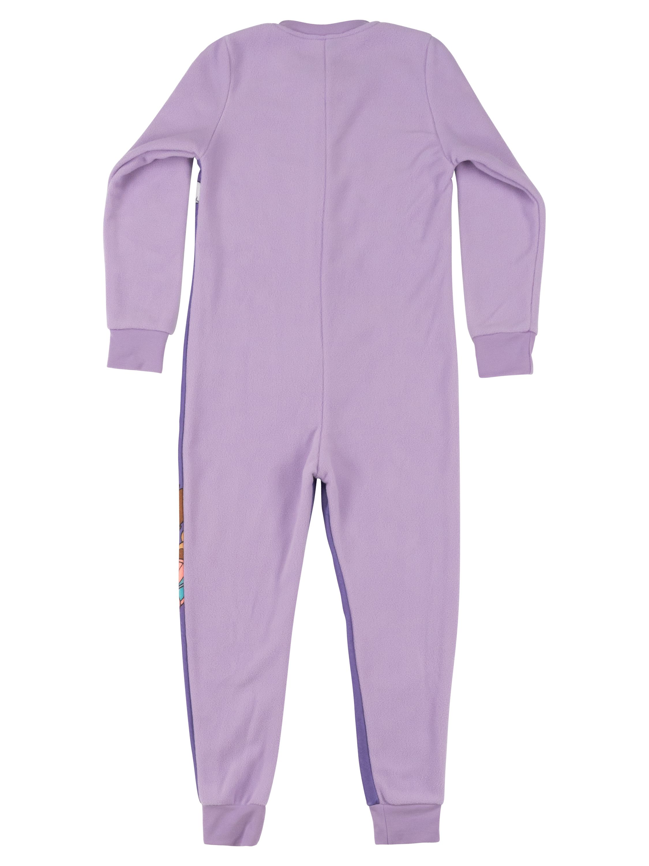 Lila Fleece-Einteiler mit seitlichen farbigen Streifen und Bündchen.