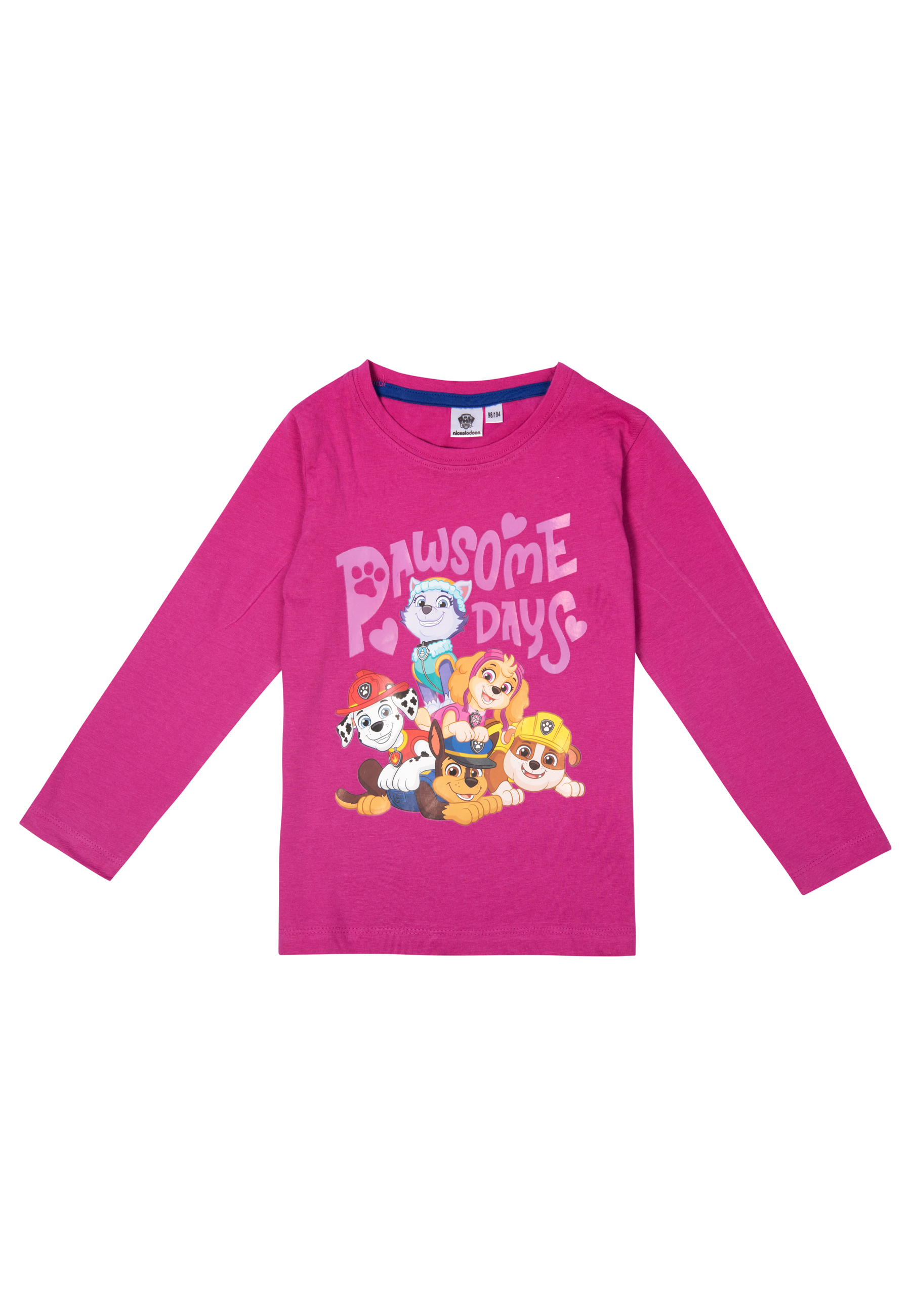 Ein rosafarbenes Langarmshirt mit Paw Patrol-Aufdruck. Zeigt 5 Hundecharaktere.