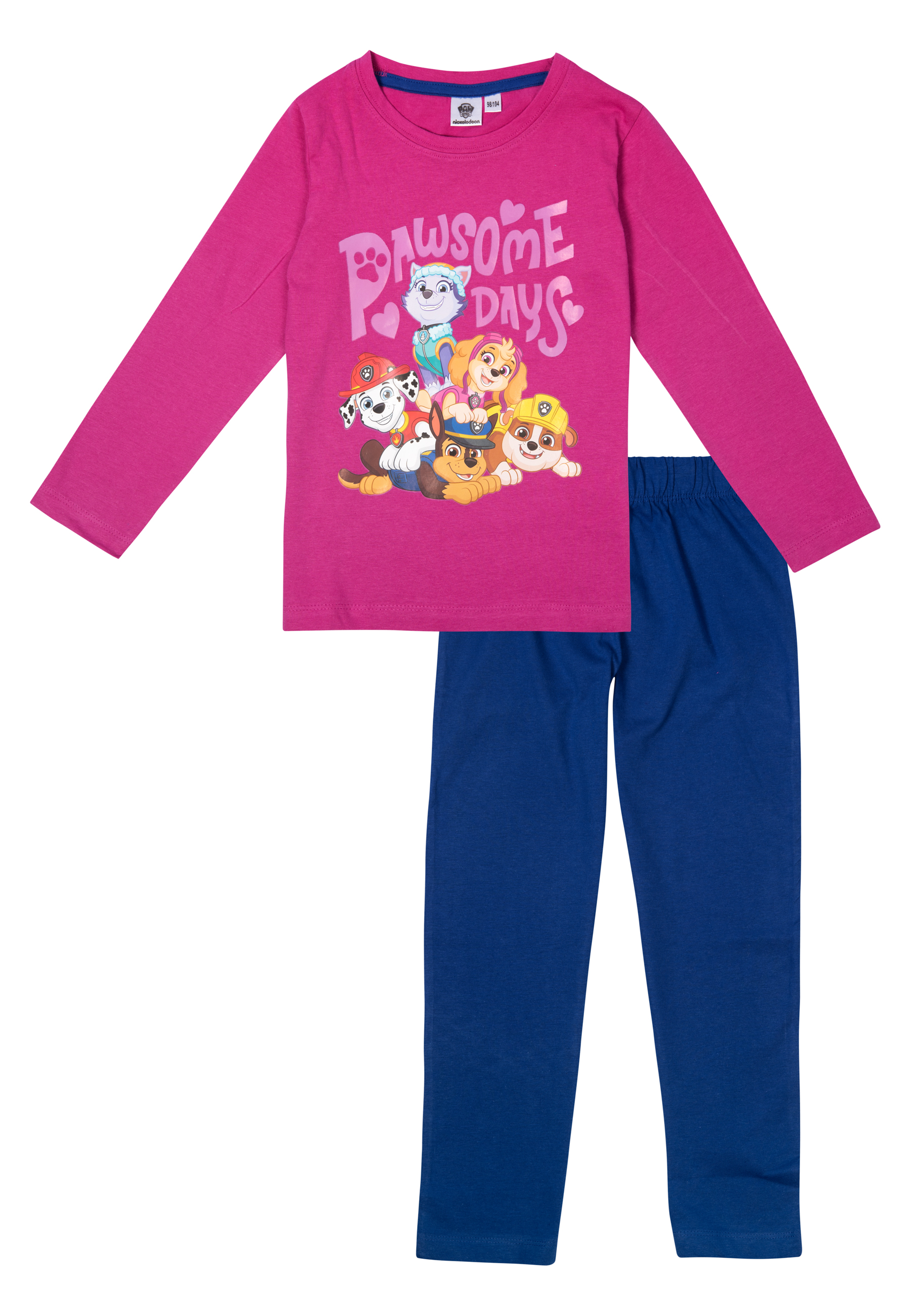 Ein pinker Schlafanzug mit Paw Patrol-Motiv und blauer Hose.