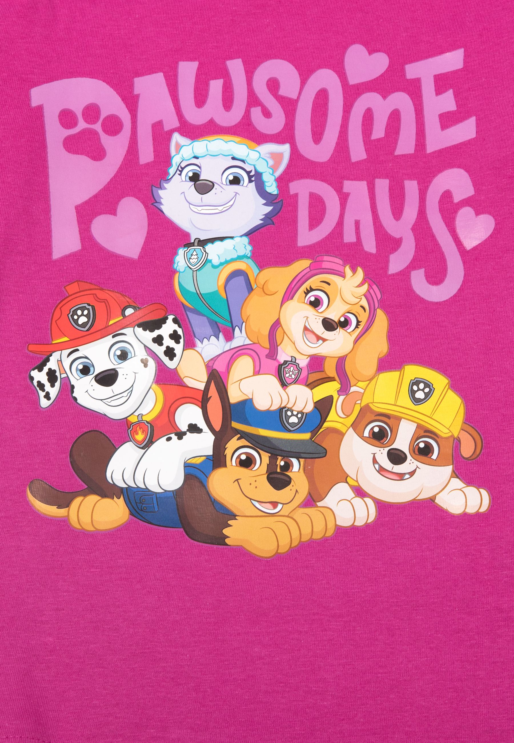 Fünf Paw Patrol Hunde auf einem pinken Hemd mit der Aufschrift „Pawsome Days“.