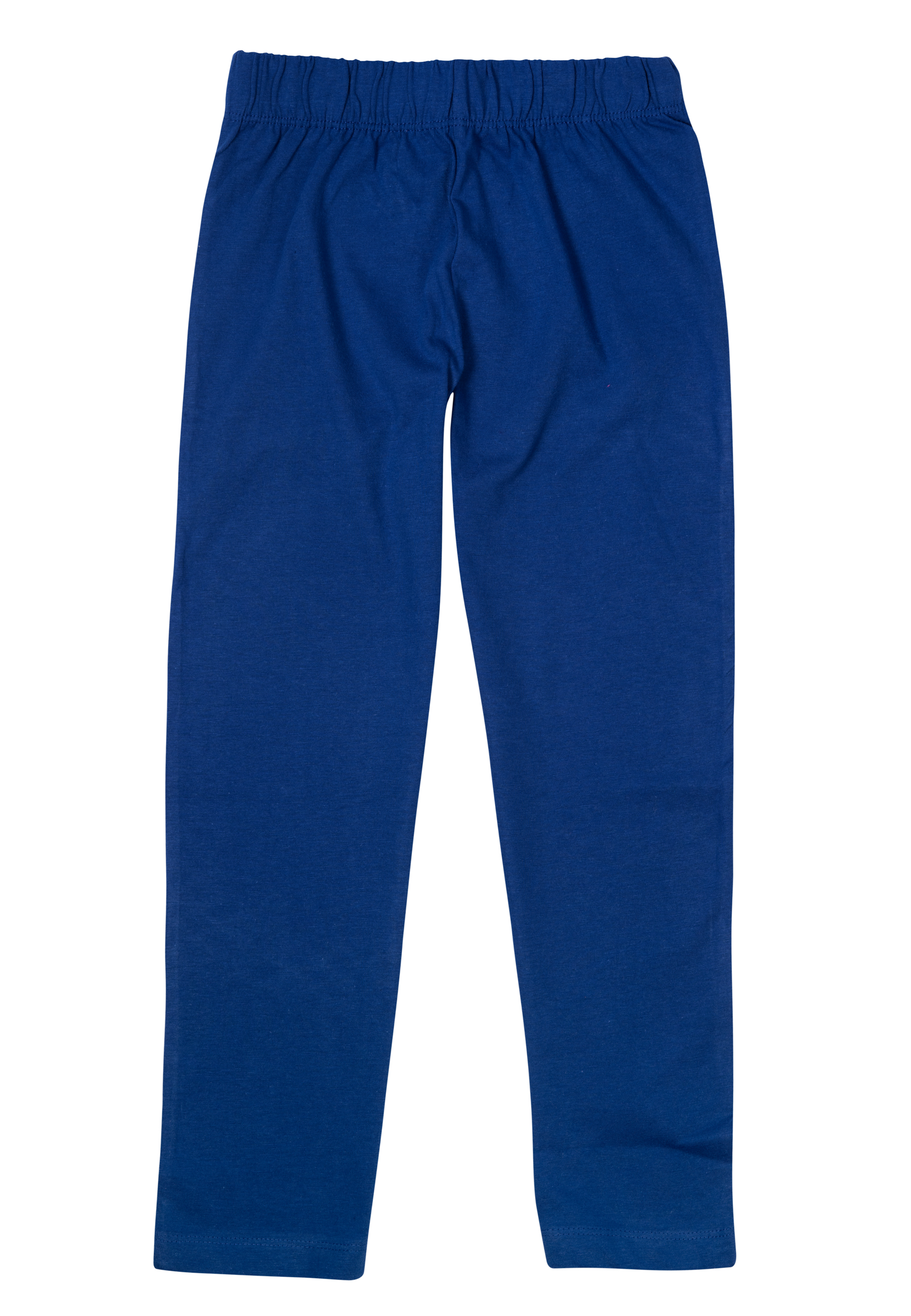 Blaue Hose mit elastischem Bund und geraden Beinen.