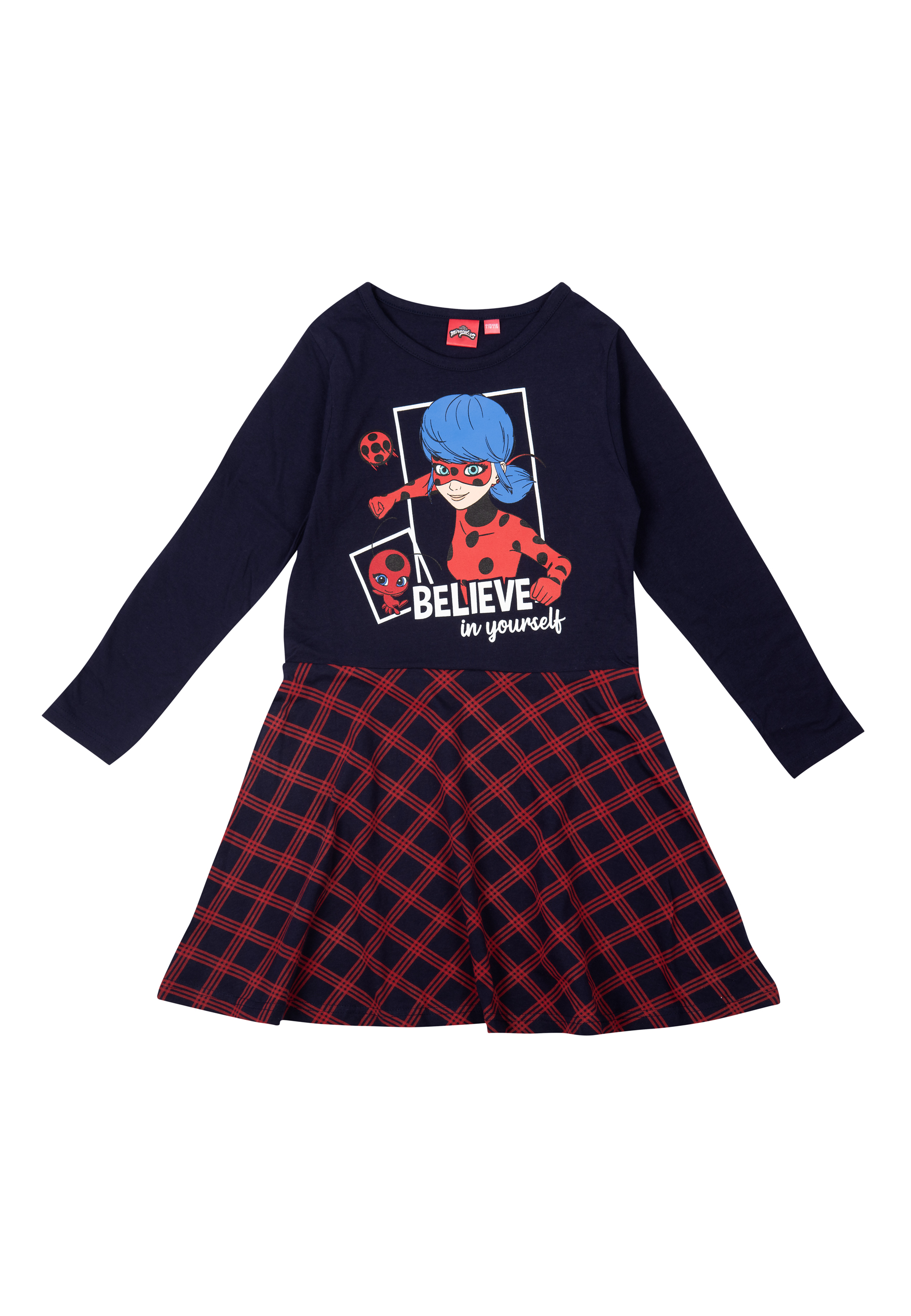 Ein dunkelblaues Kleid mit langen Ärmeln und einem karierten Rock.