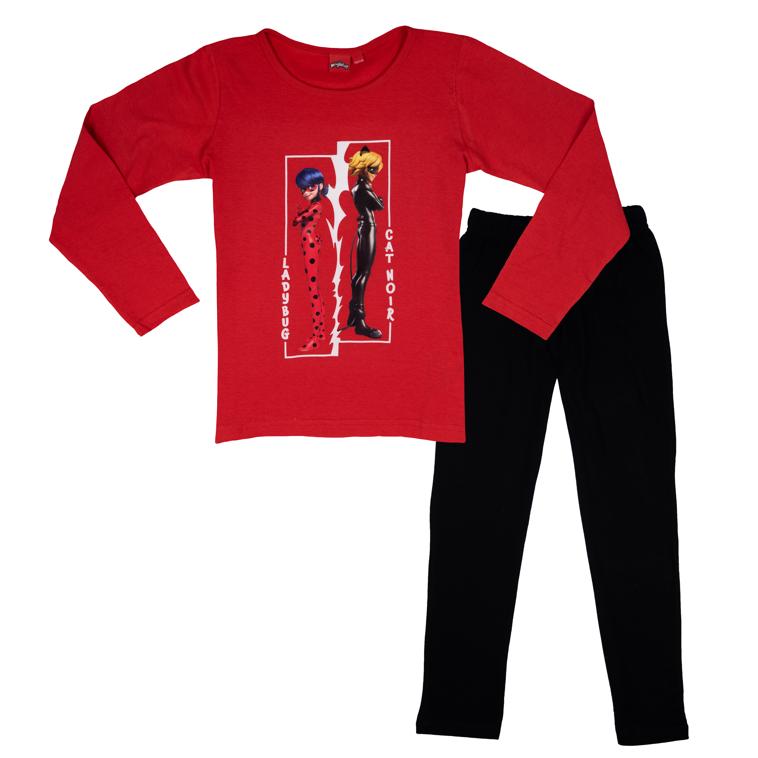 Ein rotes Langarmshirt mit Ladybug und Cat Noir Motiv und schwarze Hose.