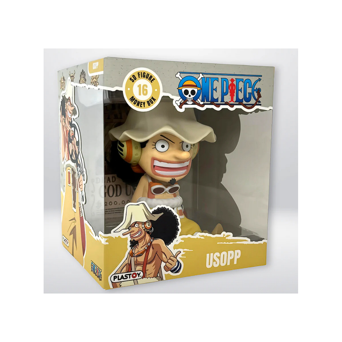 Eine One Piece "Usopp" Geldkassette-Figur in einem Karton.