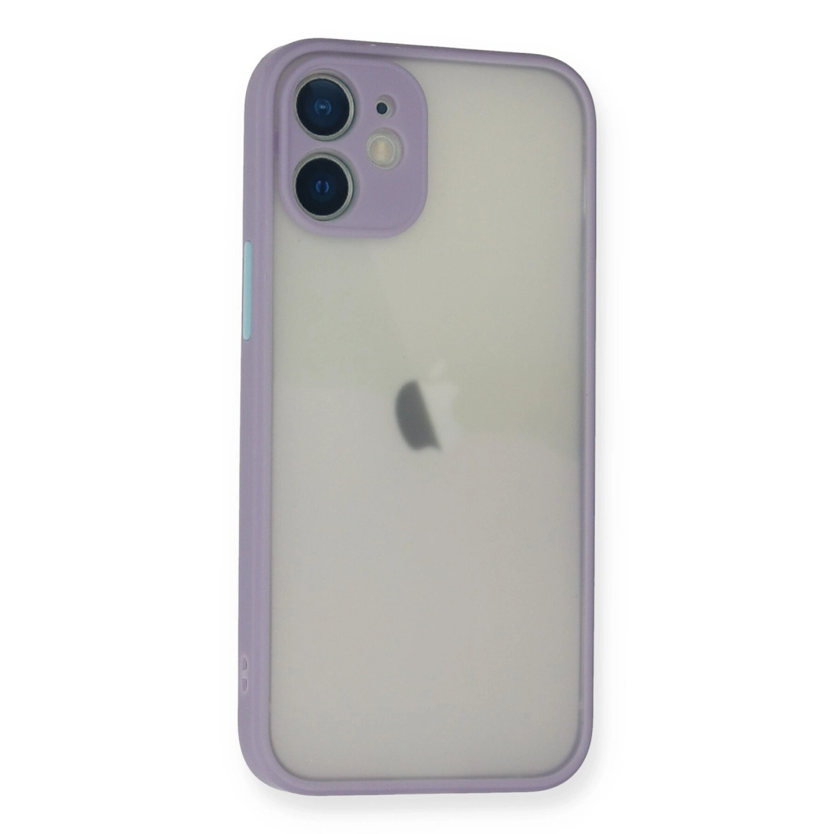 Çift kameralı ve Apple logolu iPhone'da mor kılıf.