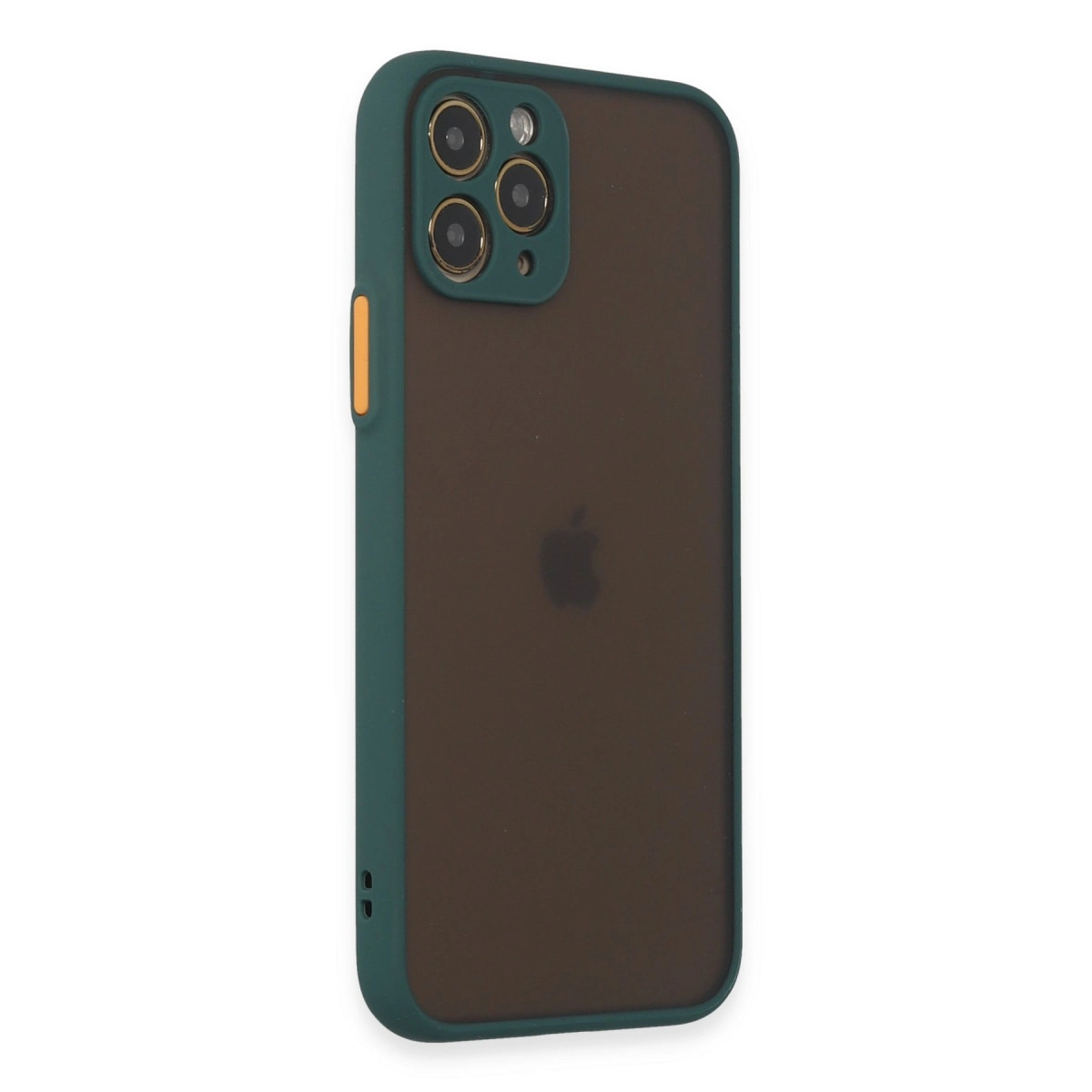 Üç kameralı, yeşil kenarlı koyu kahverengi iPhone kılıfı.