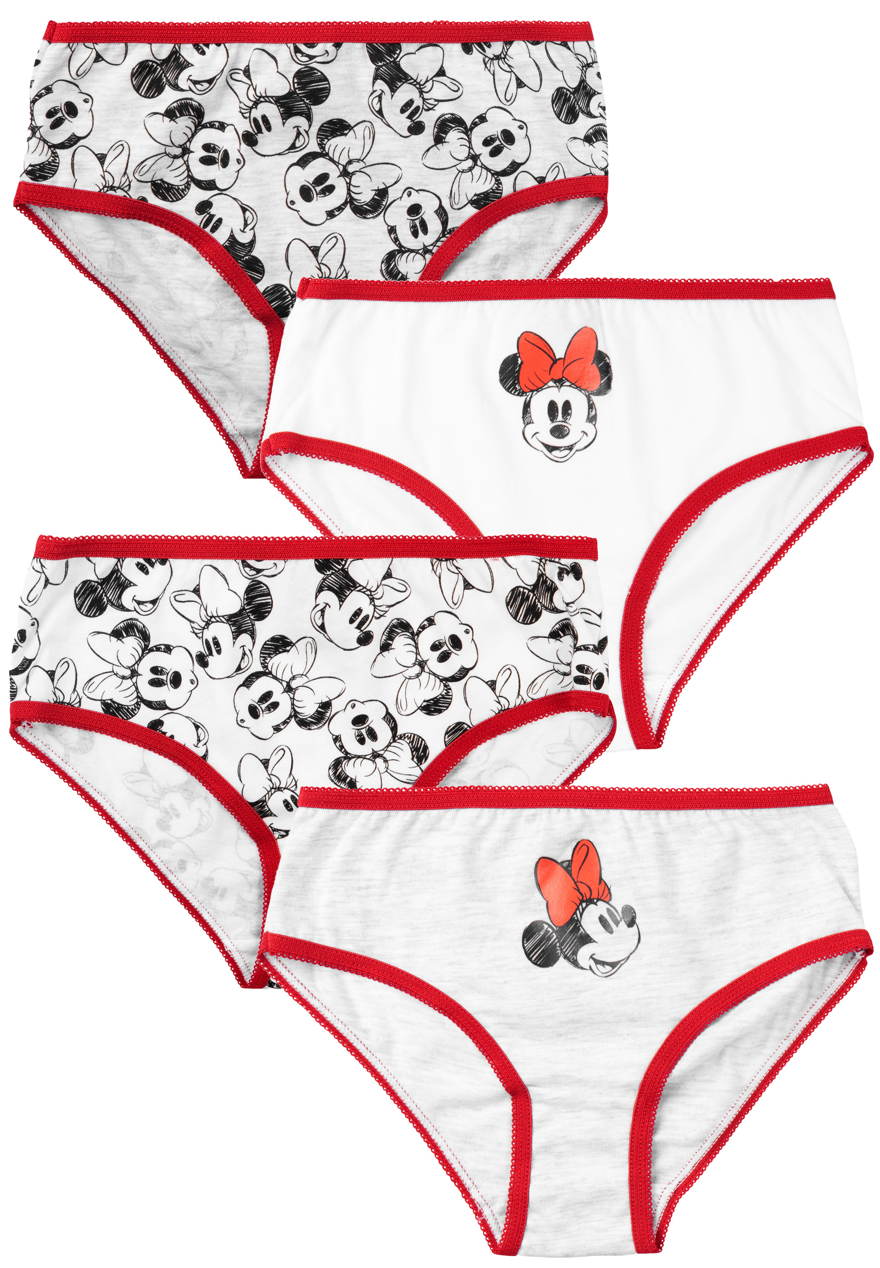 Vier weiße und graue Minnie-Maus-Unterhosen mit rotem Saum, einige mit Allover-Druck, andere mit einem einzelnen großen Druck.