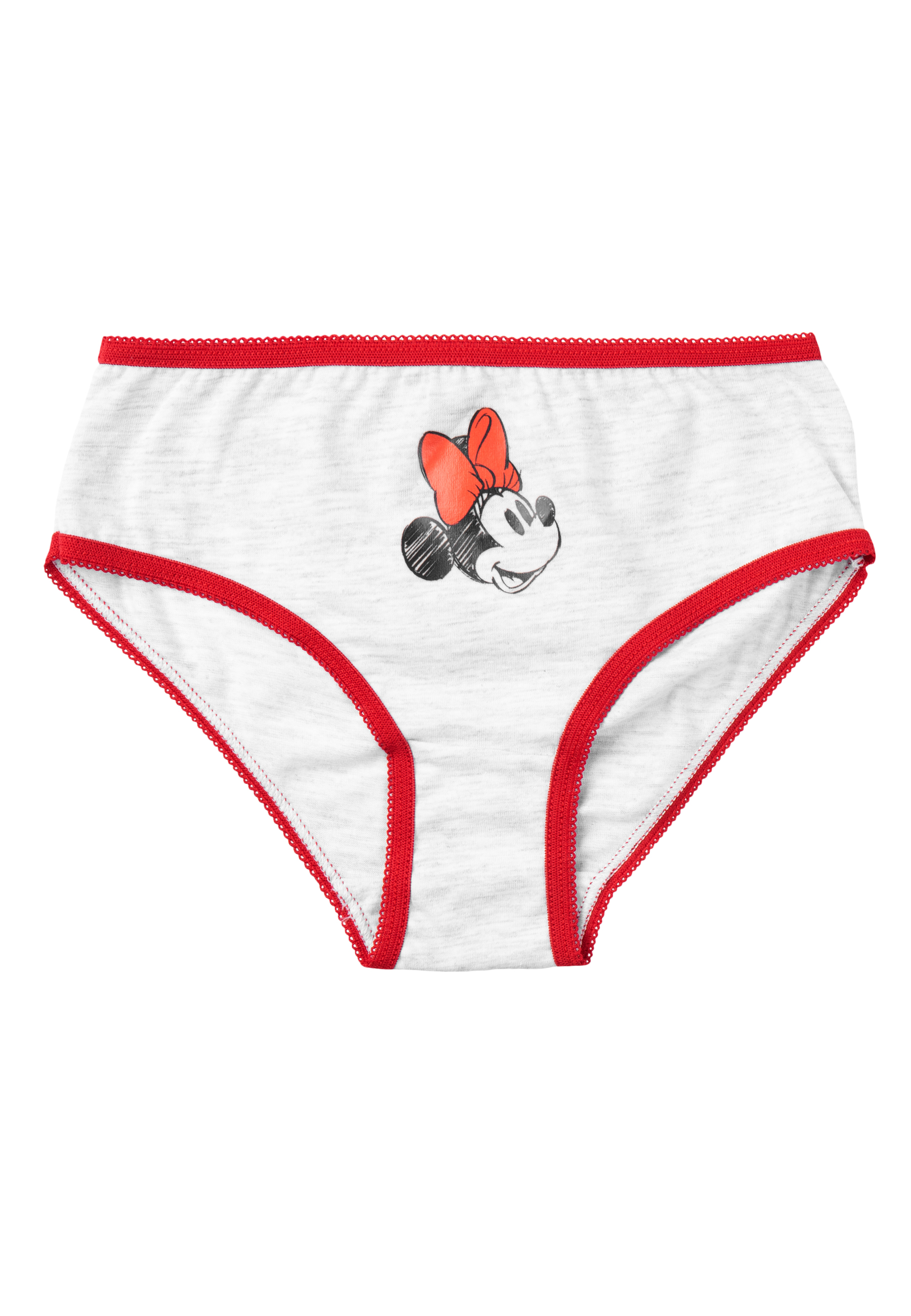 Graue Unterwäsche mit rotem Rand und Minnie Maus Motiv.