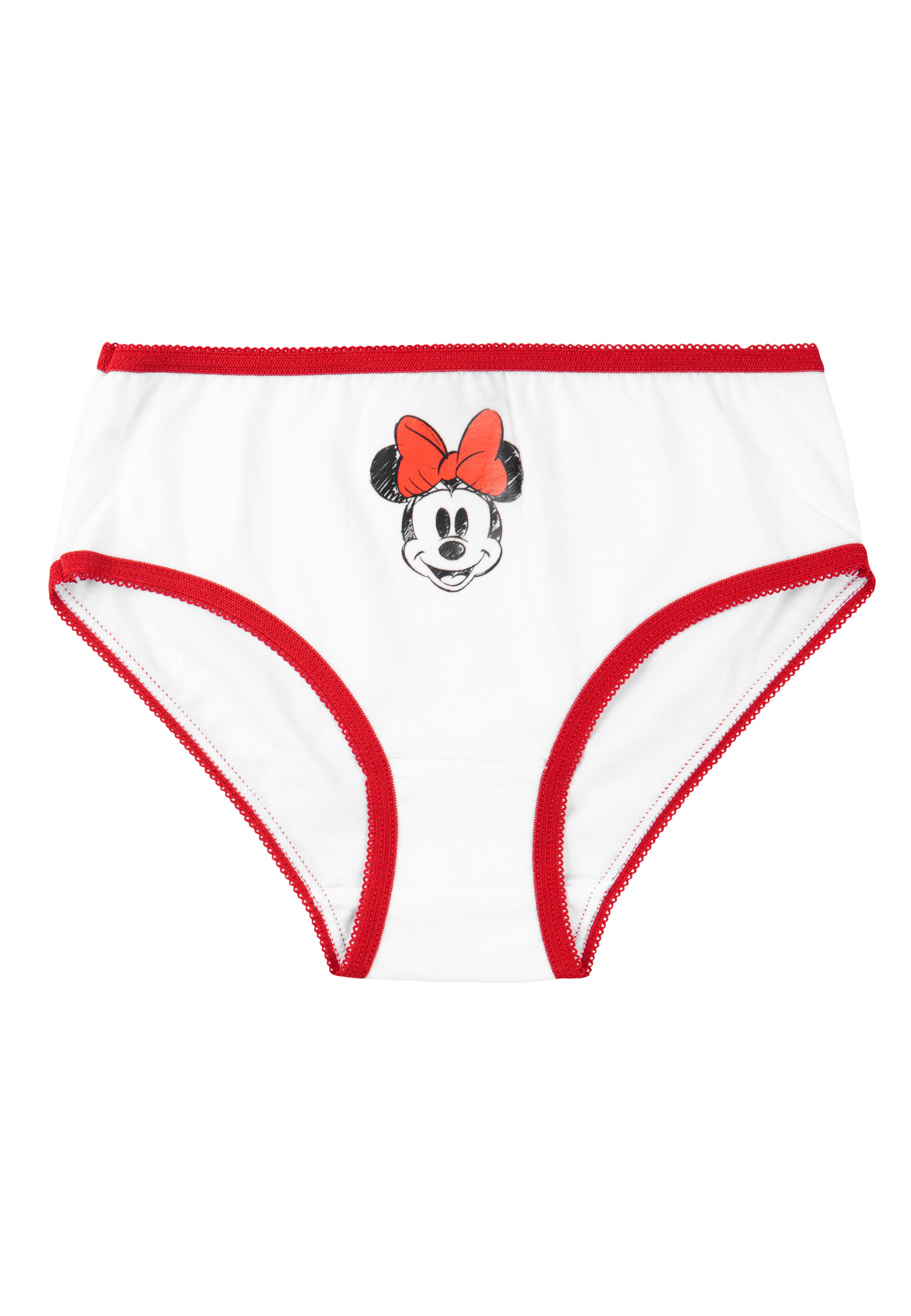 Weiße Unterhose mit rotem Rand und Minnie Maus-Aufdruck.