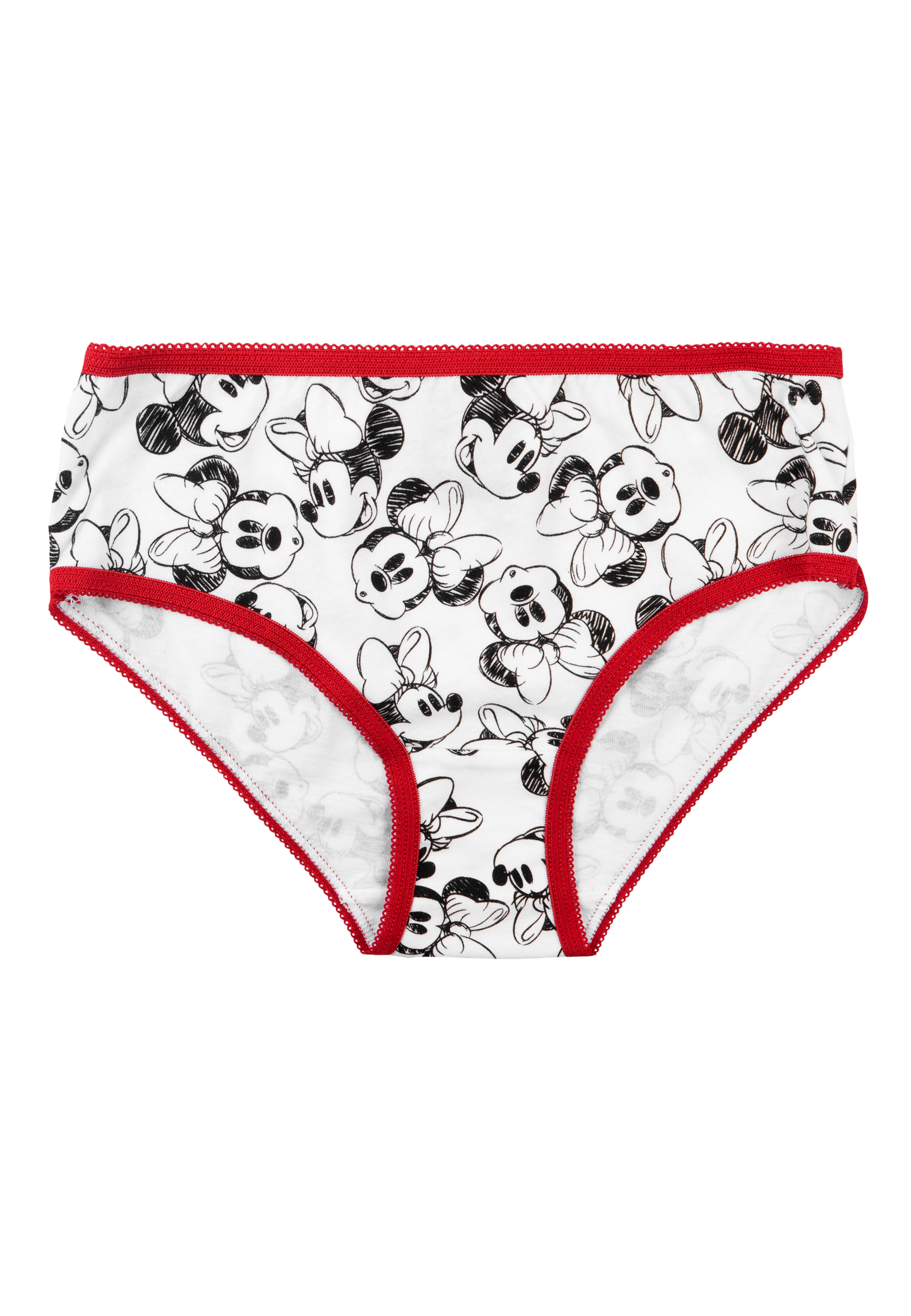 Weiße Unterwäsche mit Mickey-Maus-Print und roter Borte.