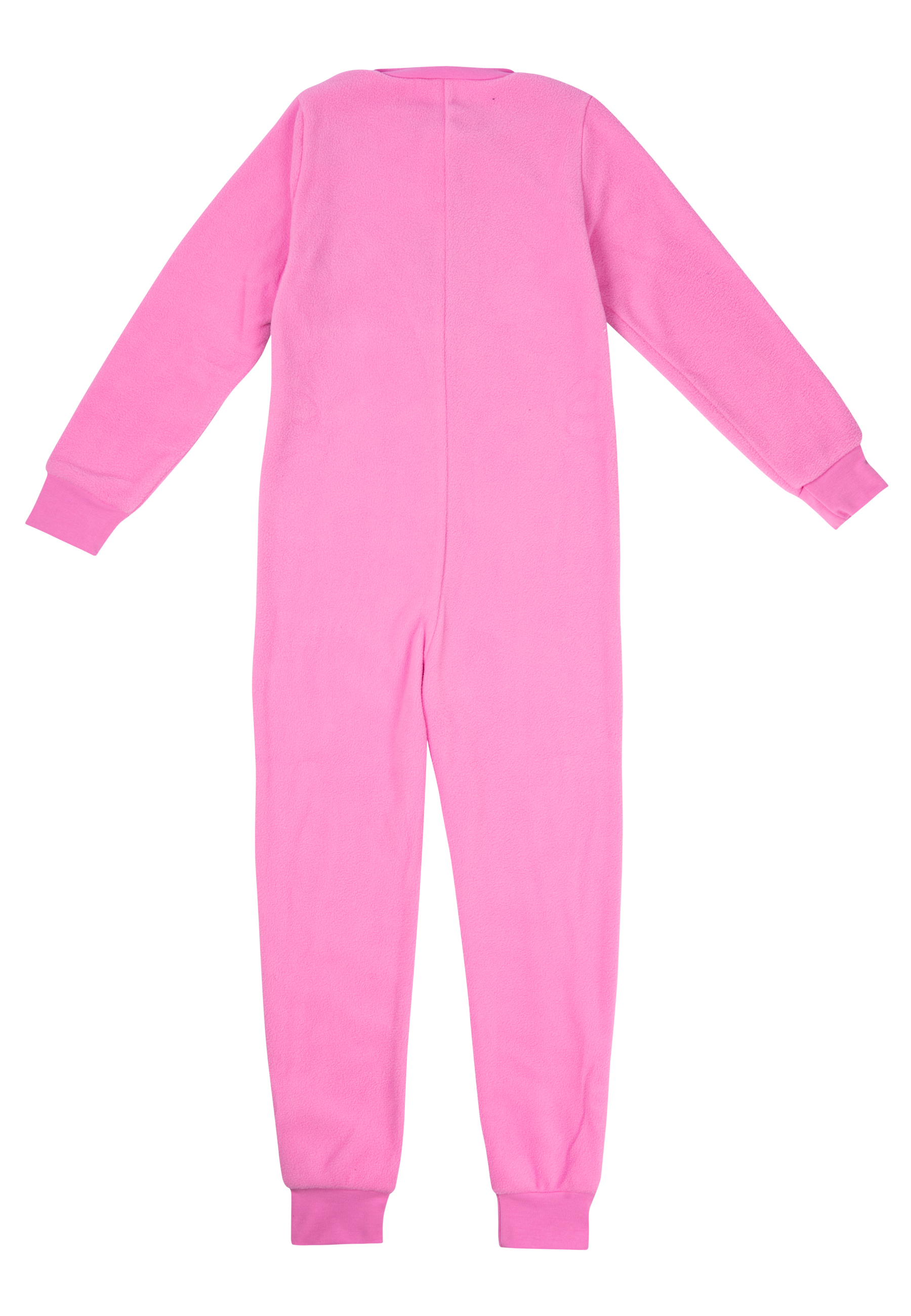 Eine Ganzkörperansicht von hinten eines pinkfarbenen Fleece-Overalls für Kinder mit langen Ärmeln und Hosenbeinen mit gerippten Bündchen.