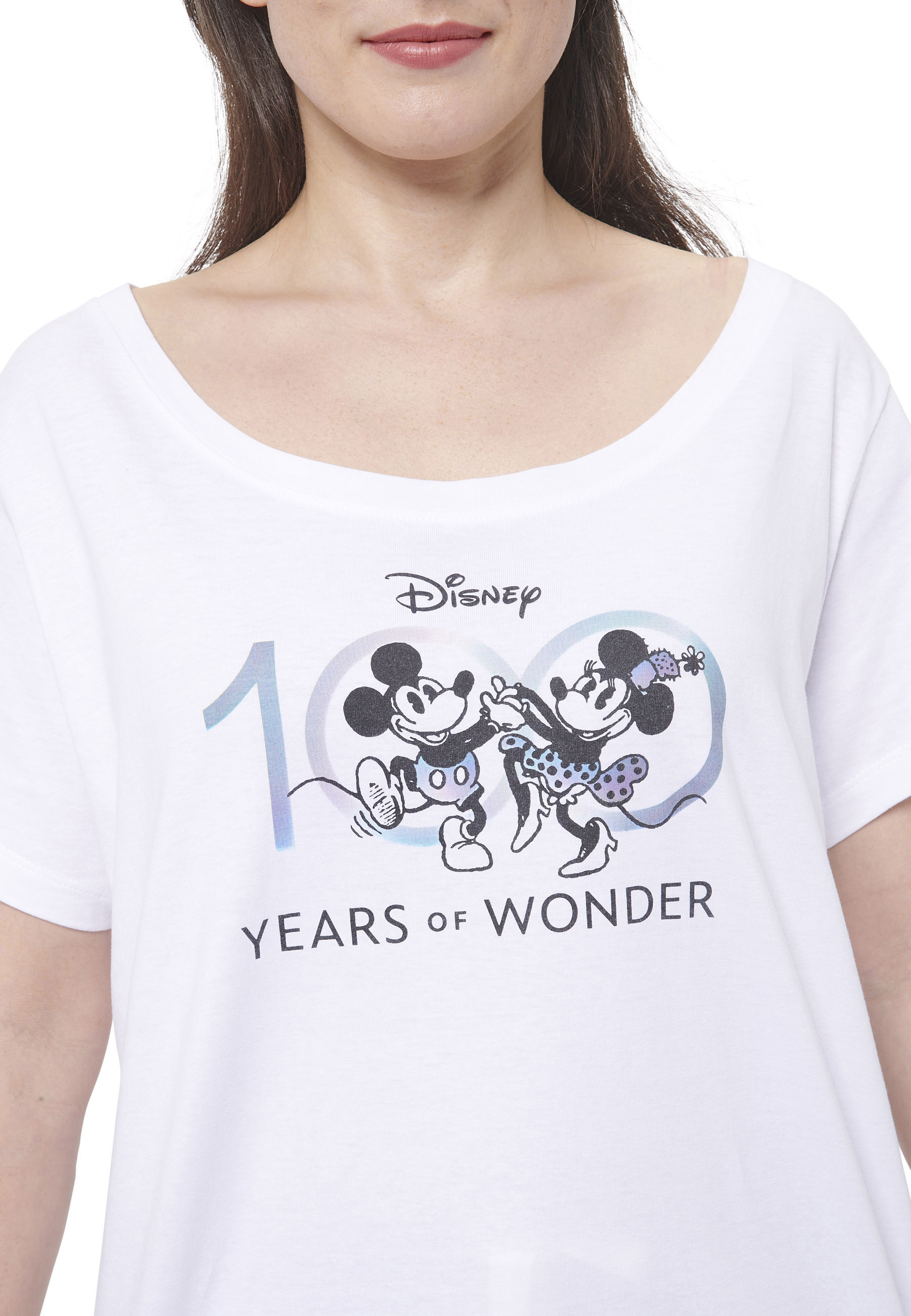 Weißes Disney-T-Shirt mit Micky und Minnie, die 100 Jahre Wunder feiern.