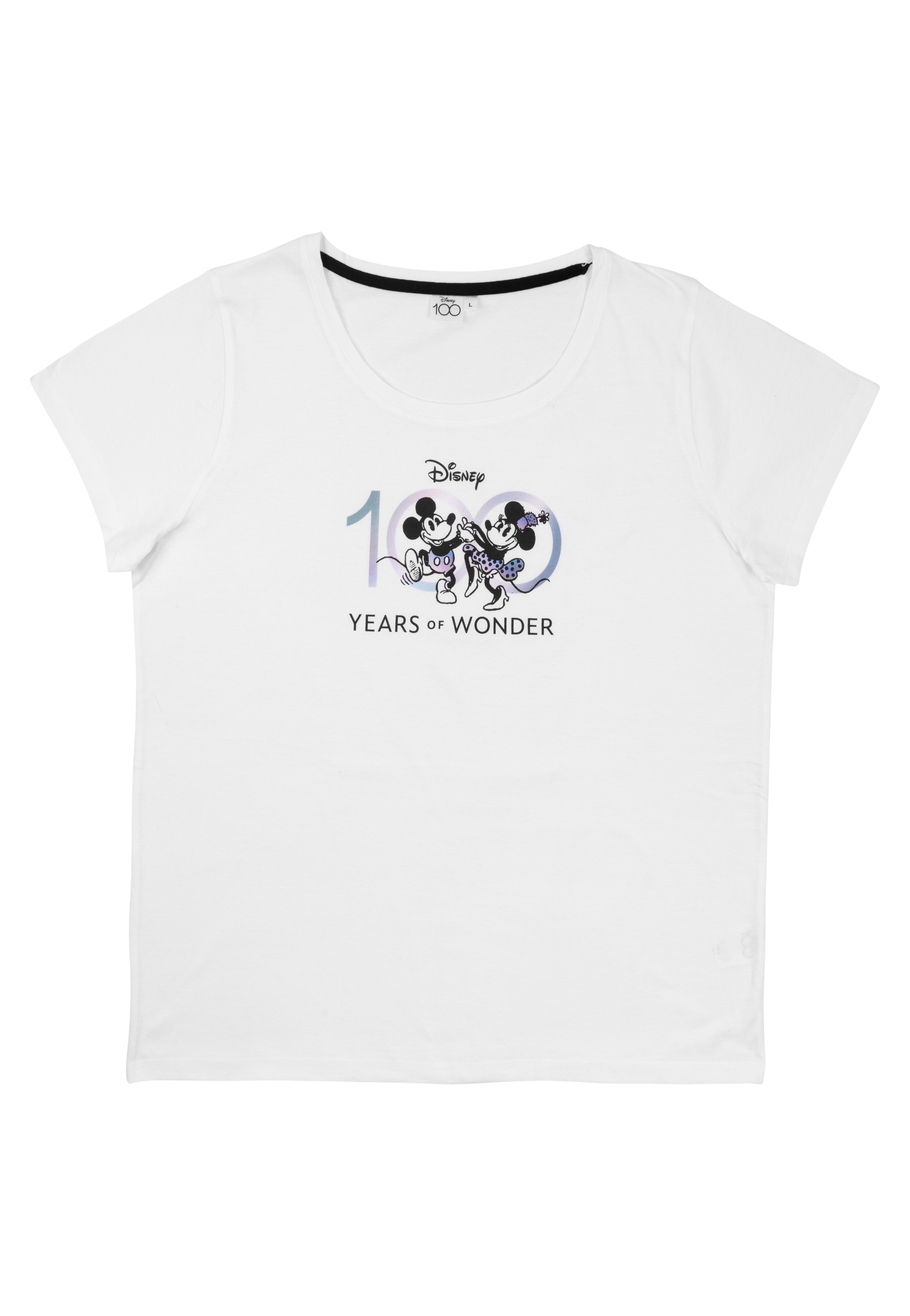 Ein weißes T-Shirt mit Mickey und Minnie, die Disney 100 Jahre tanzen.