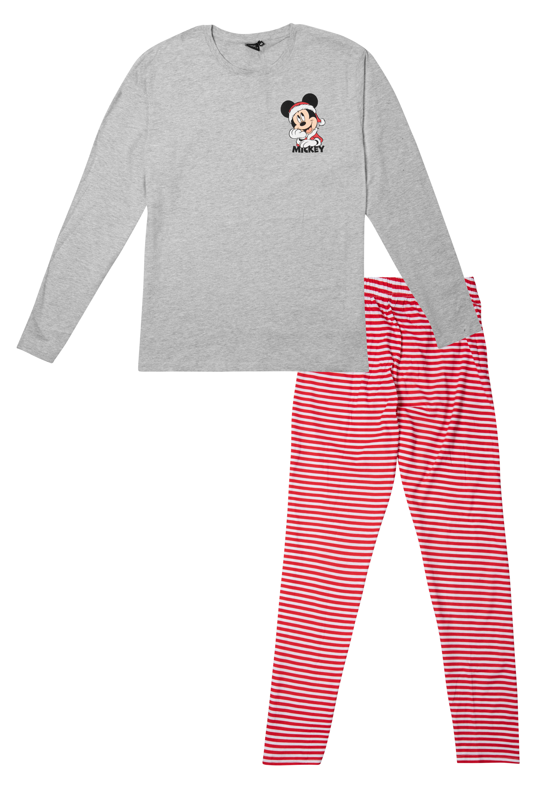 Graues Langarmshirt mit Mickey Maus und rot-weißer gestreifter Hose.