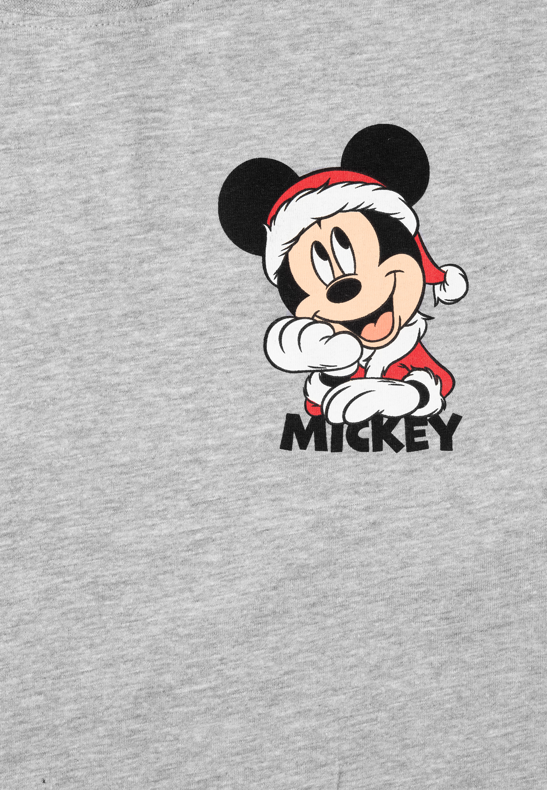 Mickey Maus im Weihnachtsmannkostüm auf grauem Stoff mit dem Wort Mickey.