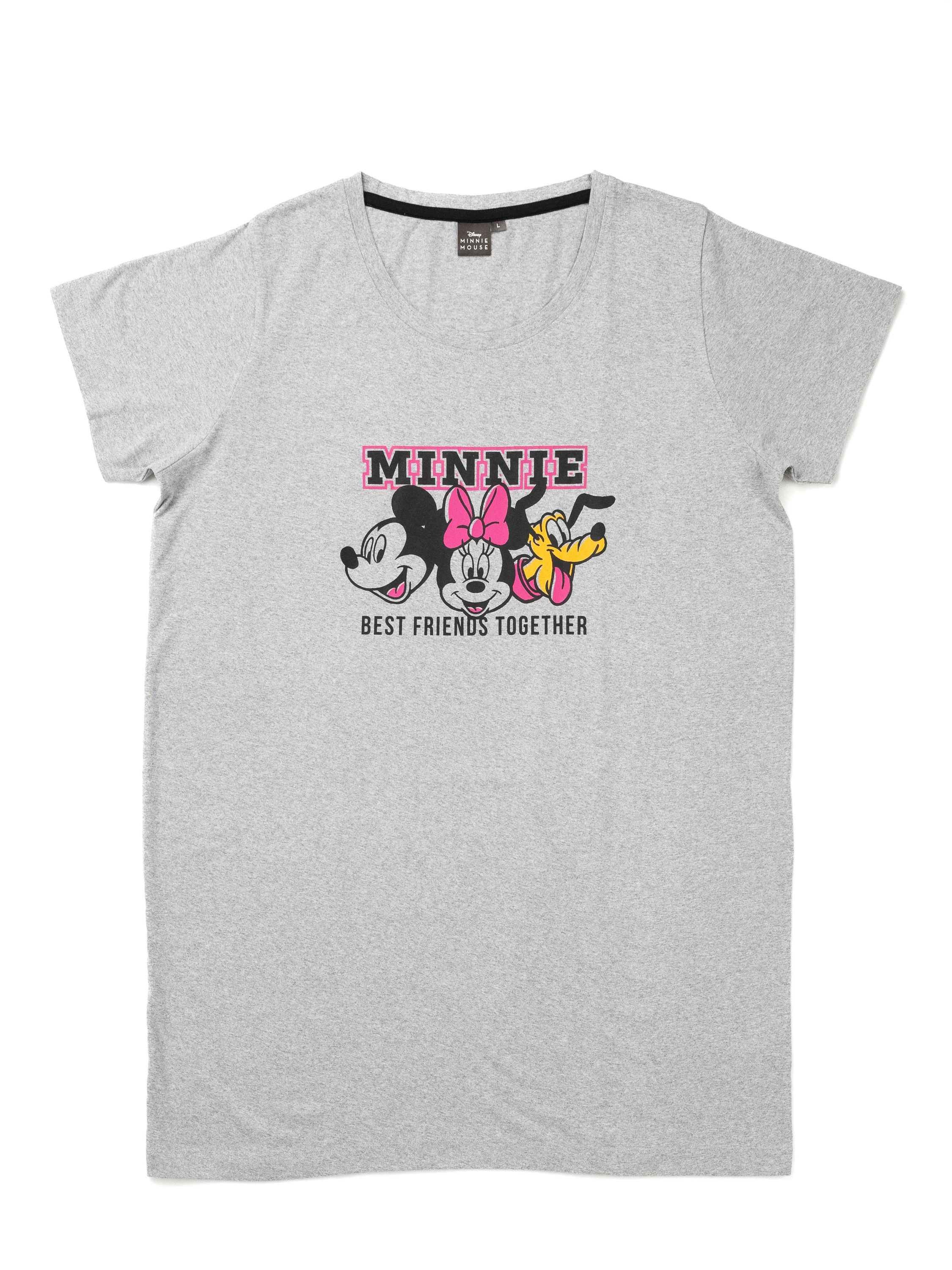 Graues T-Shirt mit Minnie Maus, Mickey Maus und Pluto im Comic-Stil.