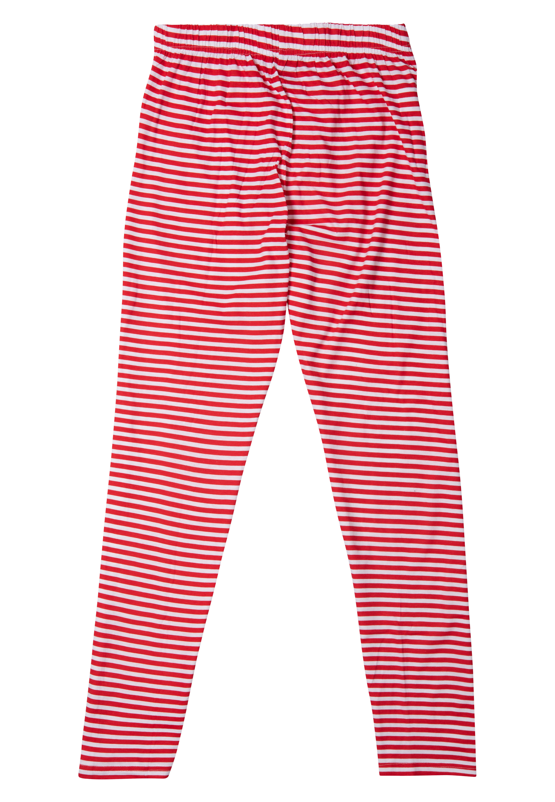 Eine Hose mit roten und weißen Streifen. Das Kleidungsstück ist auf weißem Hintergrund.