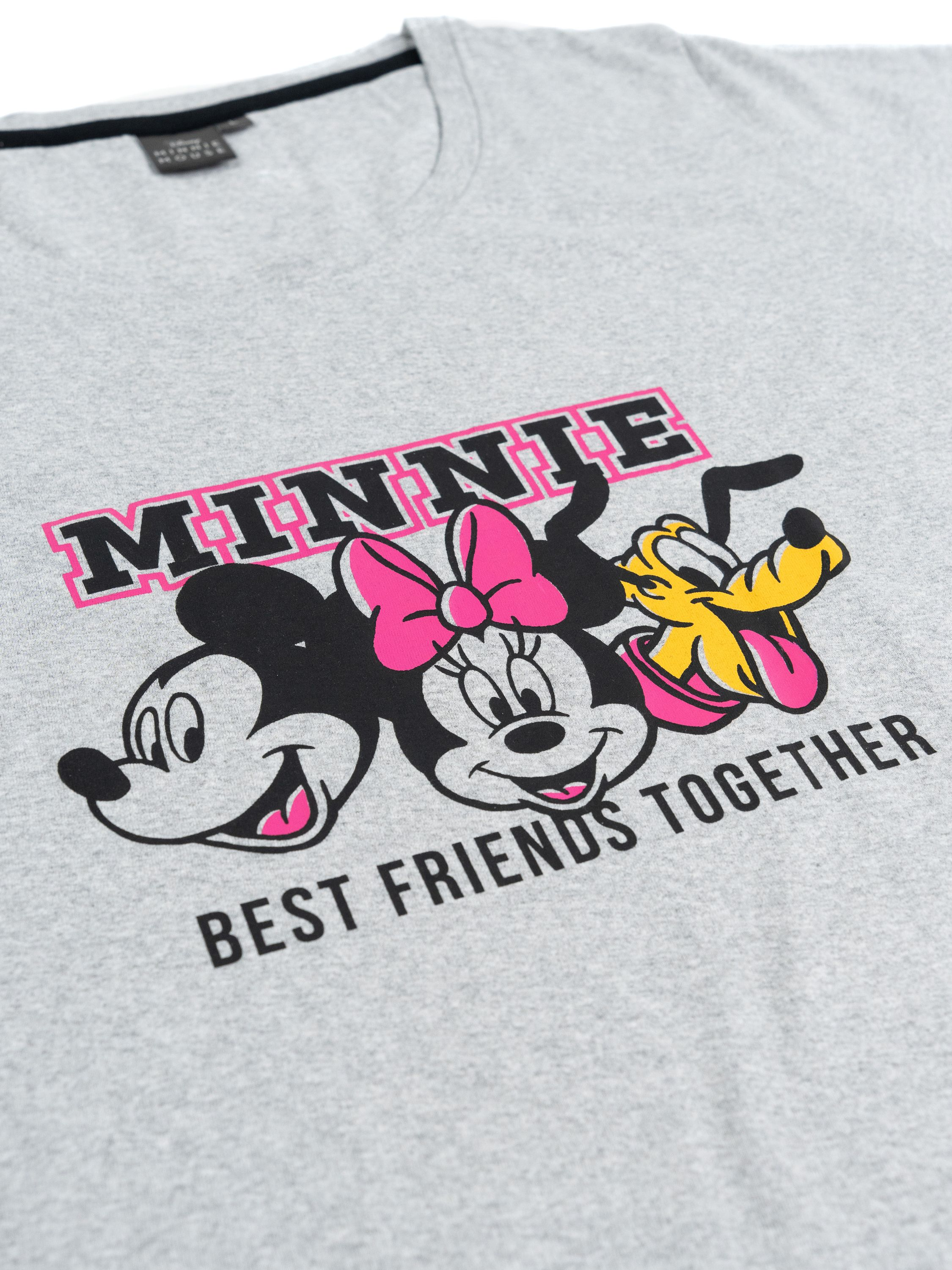 Graues T-Shirt mit Mickey, Minnie und Pluto, die "BEST FRIENDS TOGETHER" sagen.