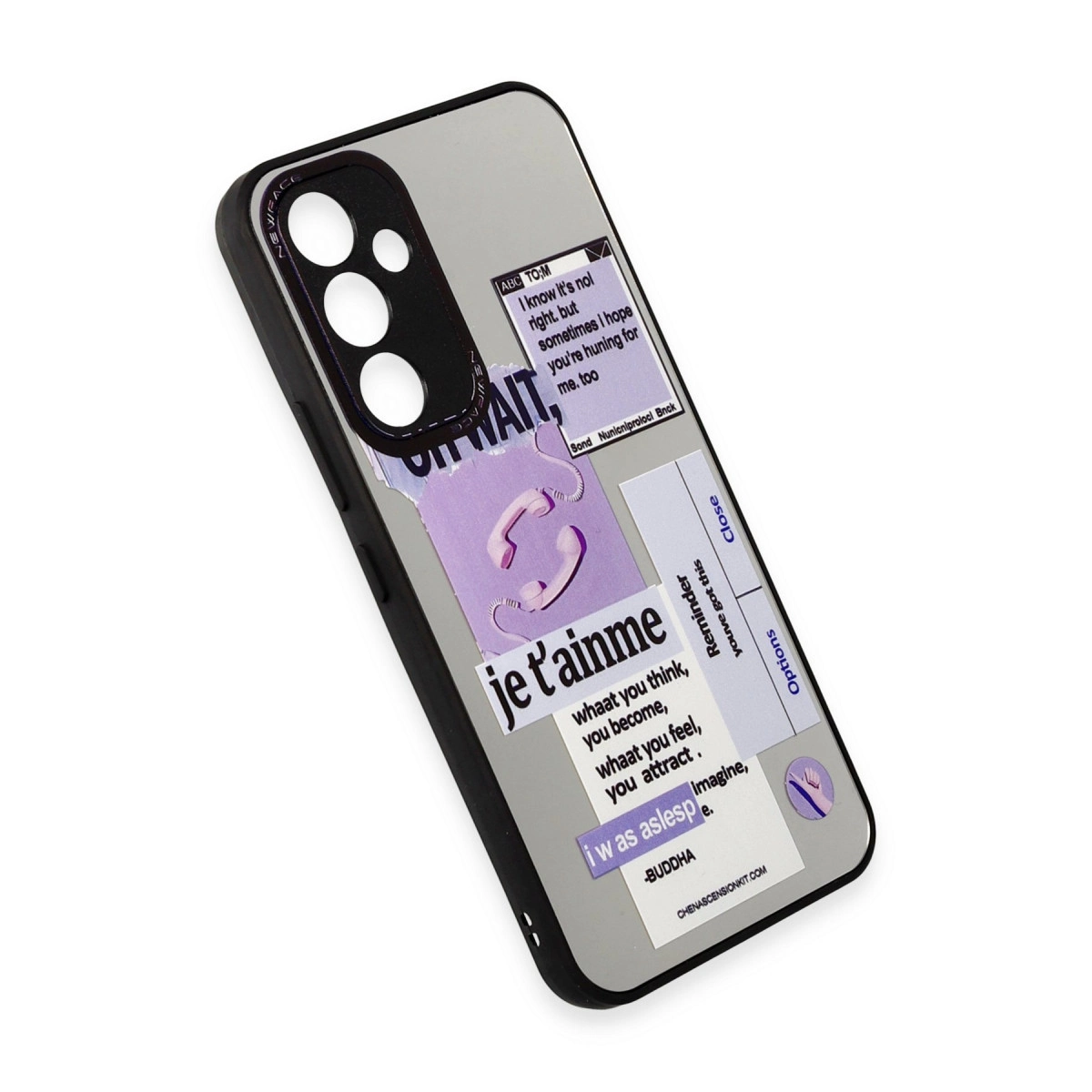 Mor çıkartmalar, metin ve ahize grafiği bulunan gri telefon kılıfı.