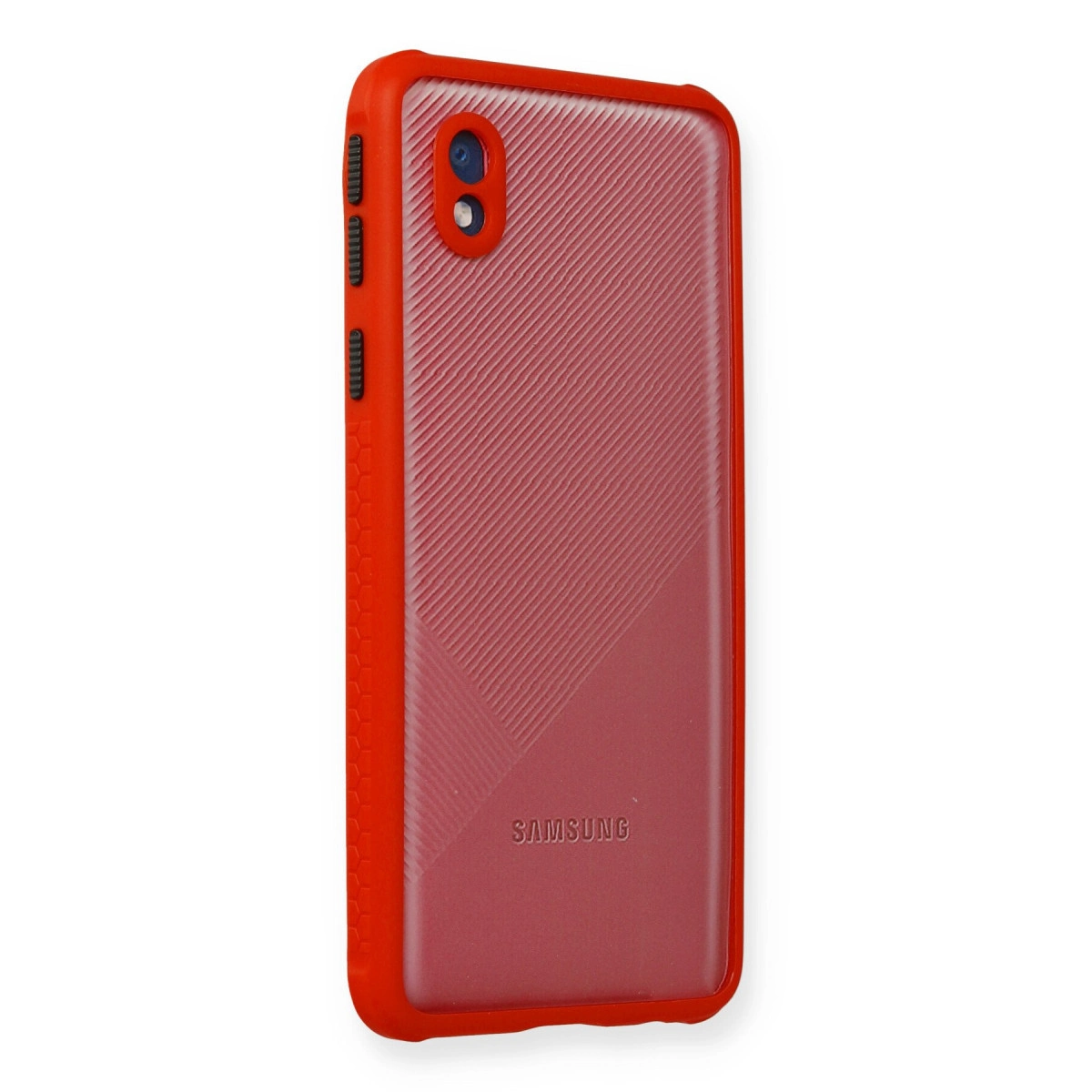 Arka kamera ve Samsung logosu bulunan kırmızı telefon kılıfı, beyaz arka plan üzerinde.