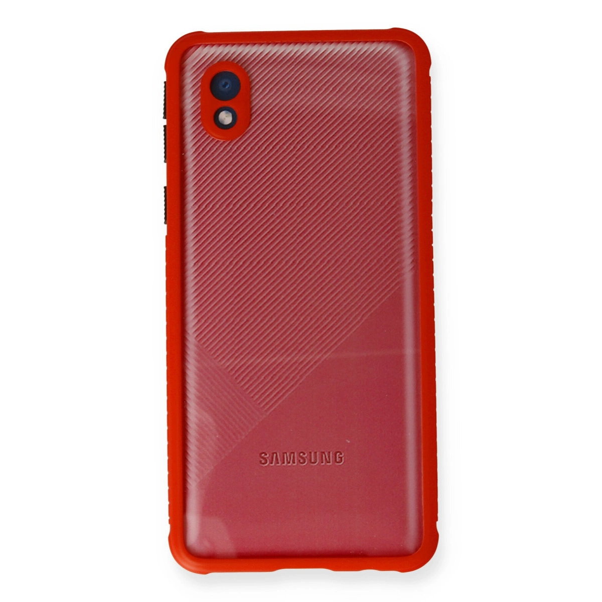 Kamera açıklığı ve desenli kırmızı Samsung telefon kılıfı.
